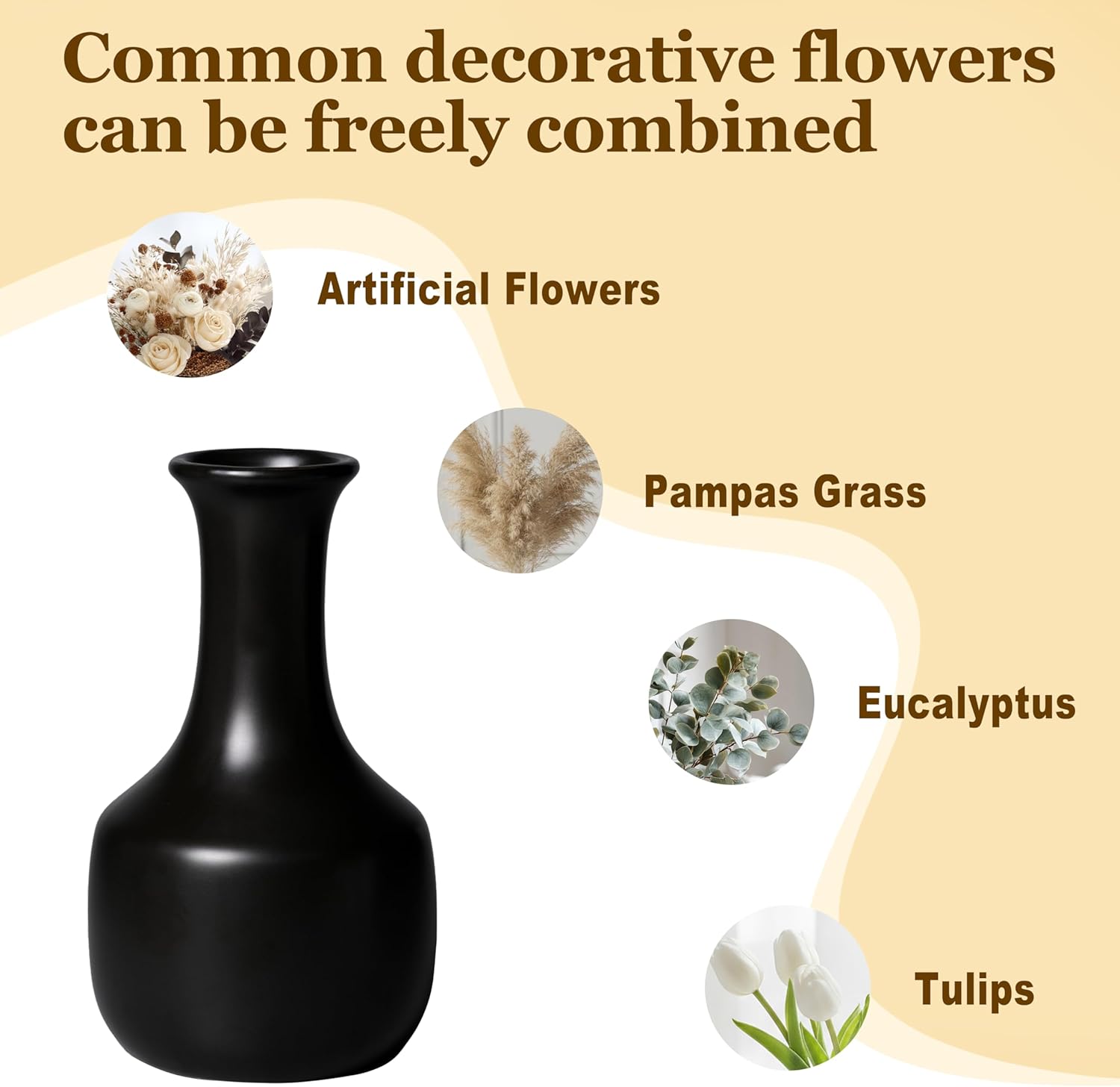 Black Ceramic Vase 9 Inch - Modern Decorative Vases for Flowers, Centerpiece for Pampas Grass, Living Room, and Dining Table Decor