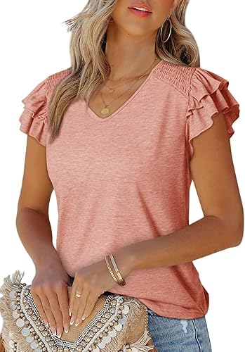 Dokotoo Camisetas casuales de manga corta con volantes para mujer, lindas camisetas de punto acanalado de color sólido