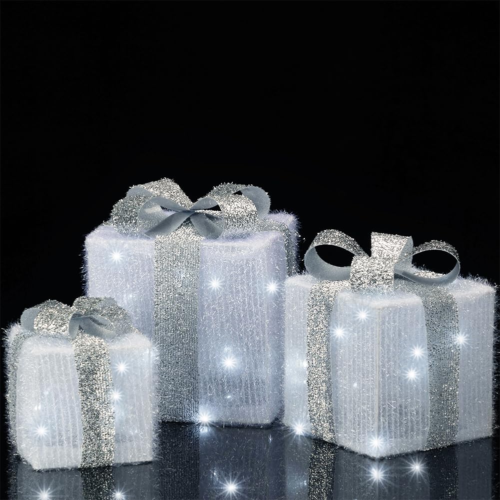 BAKAJI Set 3 Pacchetti Pacchi Regalo Luminosi di Natale con Decorazioni Addobbi Luci LED Natalizie Box Luminose in Rattan Natale Scatole con Luci Festive Kit Decorazioni Natalizie Interni Esterni…