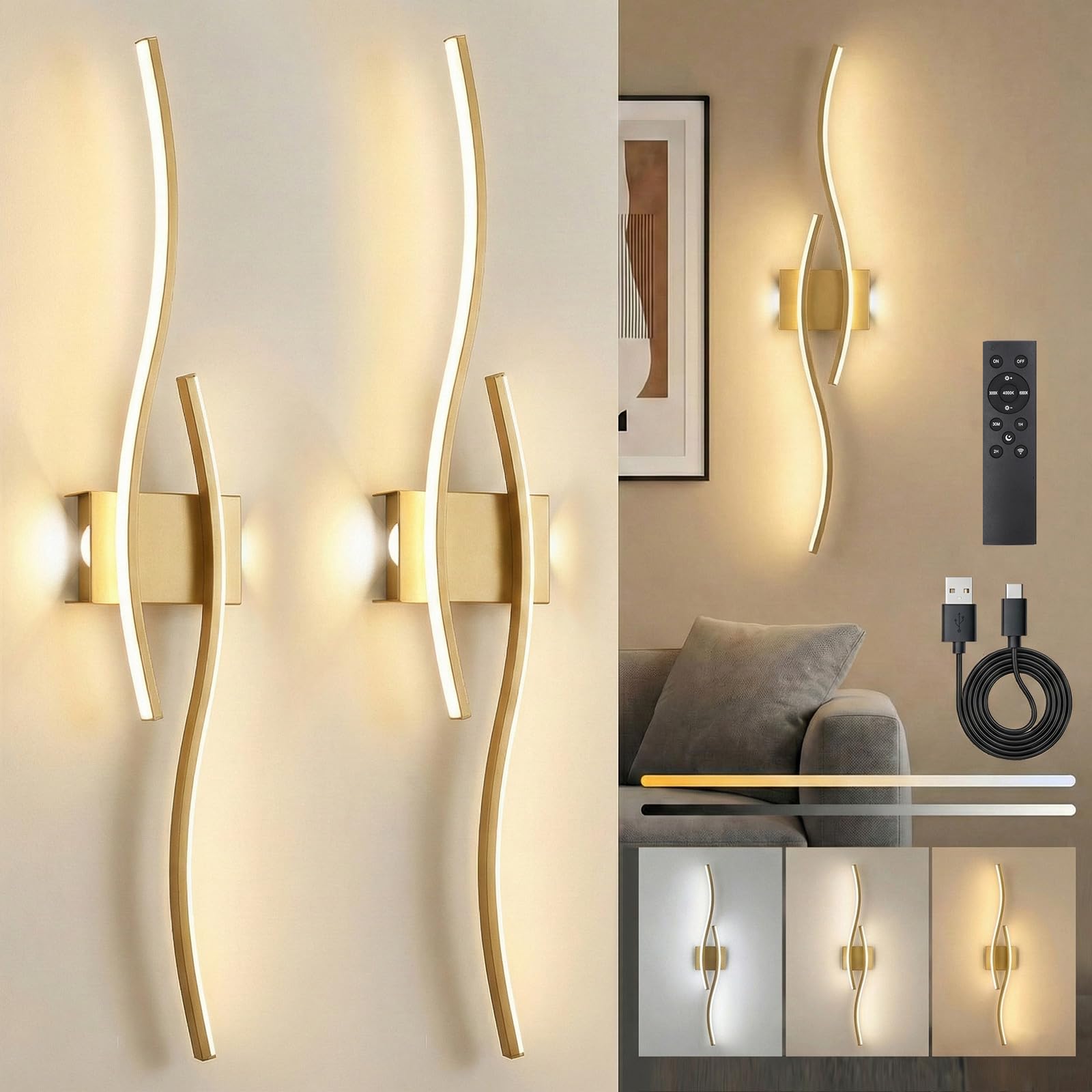 Large Rechargeable Battery Operated Wall Lights Set of 2,100cm Wireless Wall Lights with Remote Control,Stepless Colors 3000K-6000K & Dimming,Morden Touch Wall Sconces for Living Room Bedroom Hallway