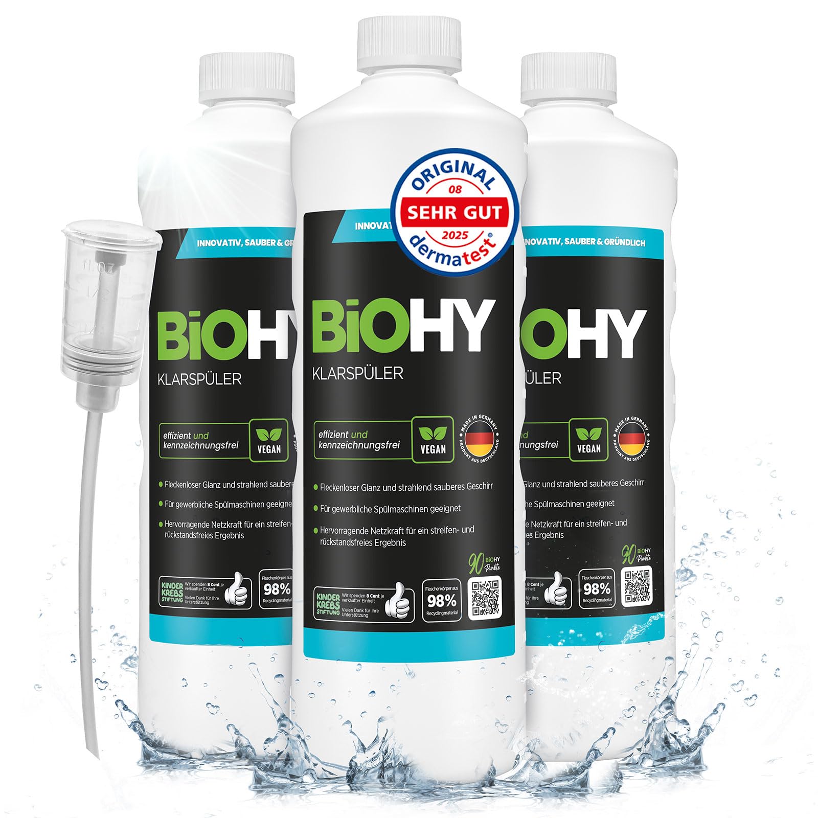 BiOHY Abrillantador (3 botellas de 1 litro) + Dosificador | Apto para todos los lavavajillas | para un brillo inmejorable en los vasos y platos sin manchas de agua (Klarspüler)