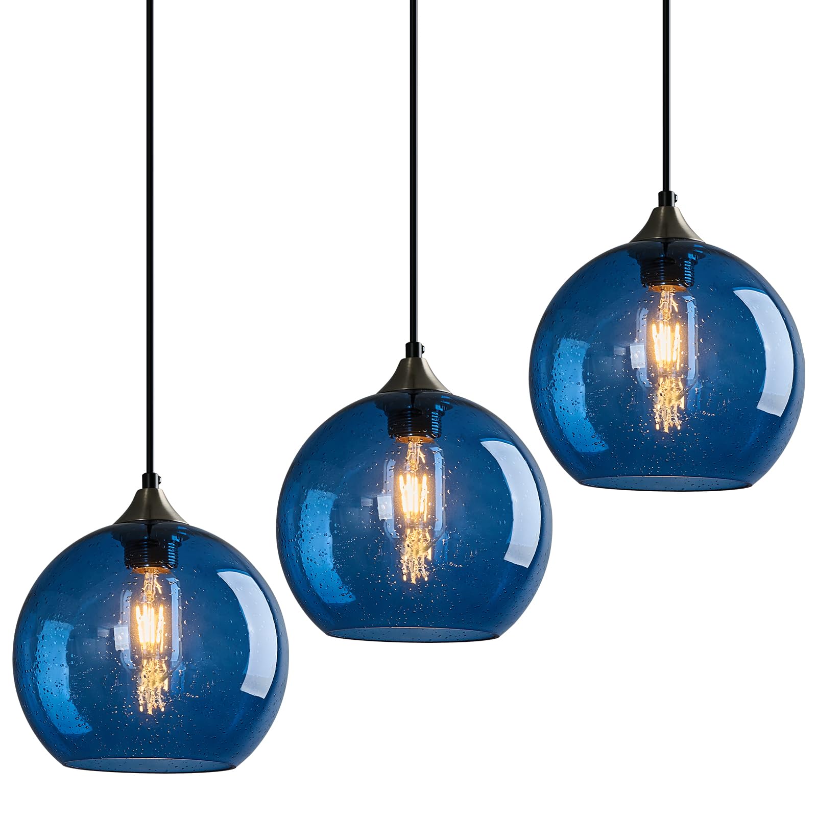 Blue Glass Pendant Lights Kitchen Island Lighting Globe Pendant Light Fixtures Modern Pendant Lighting for Kitchen Island Bedroom Living Dining Room Light Fixture(7.87in, 3-Pack)