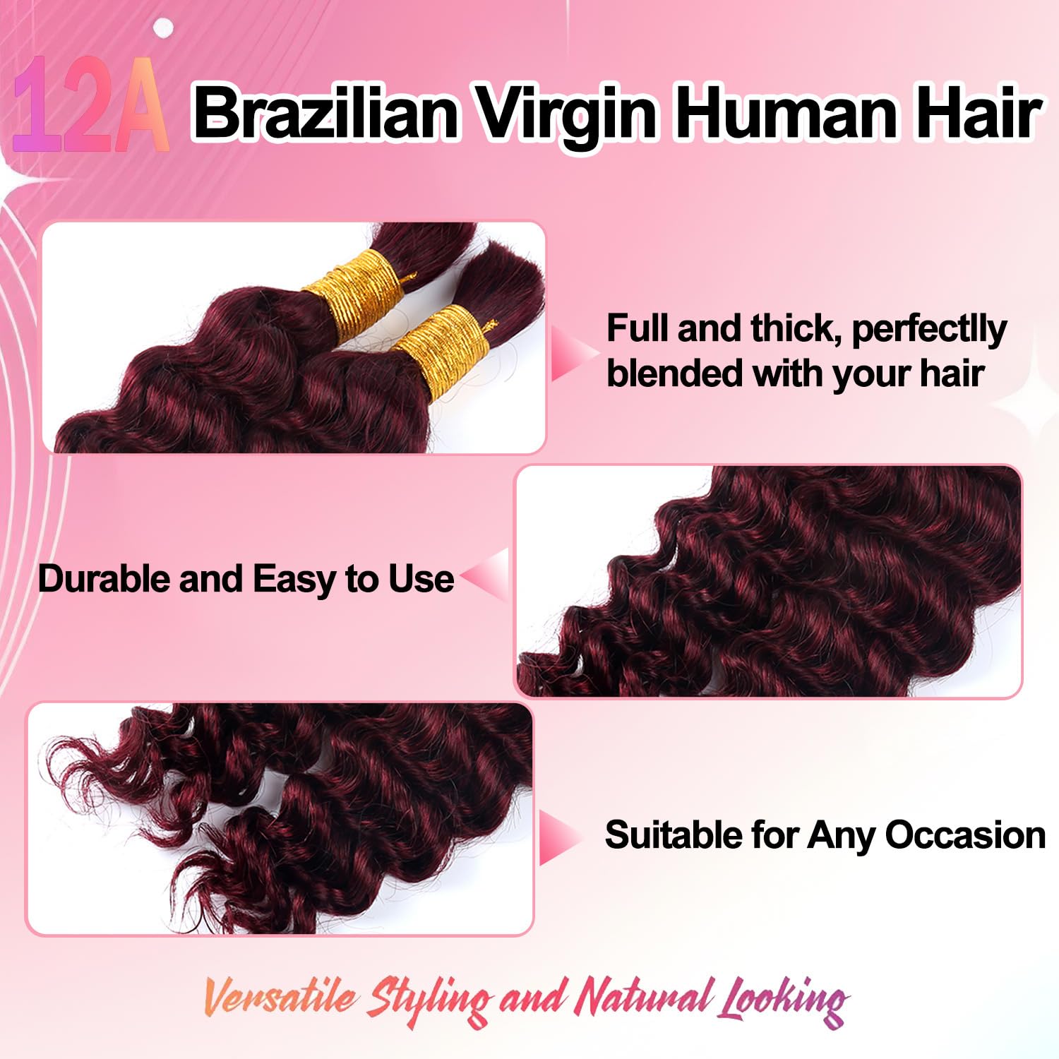 Boho Braids Human Hair Extensions 50g 20 Inch Deep Wave Bulk No Weft Bundles 12A Unprocessed Knotless Bohemian Curly Human Braiding Hair Extension for Women 1 Bundle/Pack Burgundy 99J - Image 3