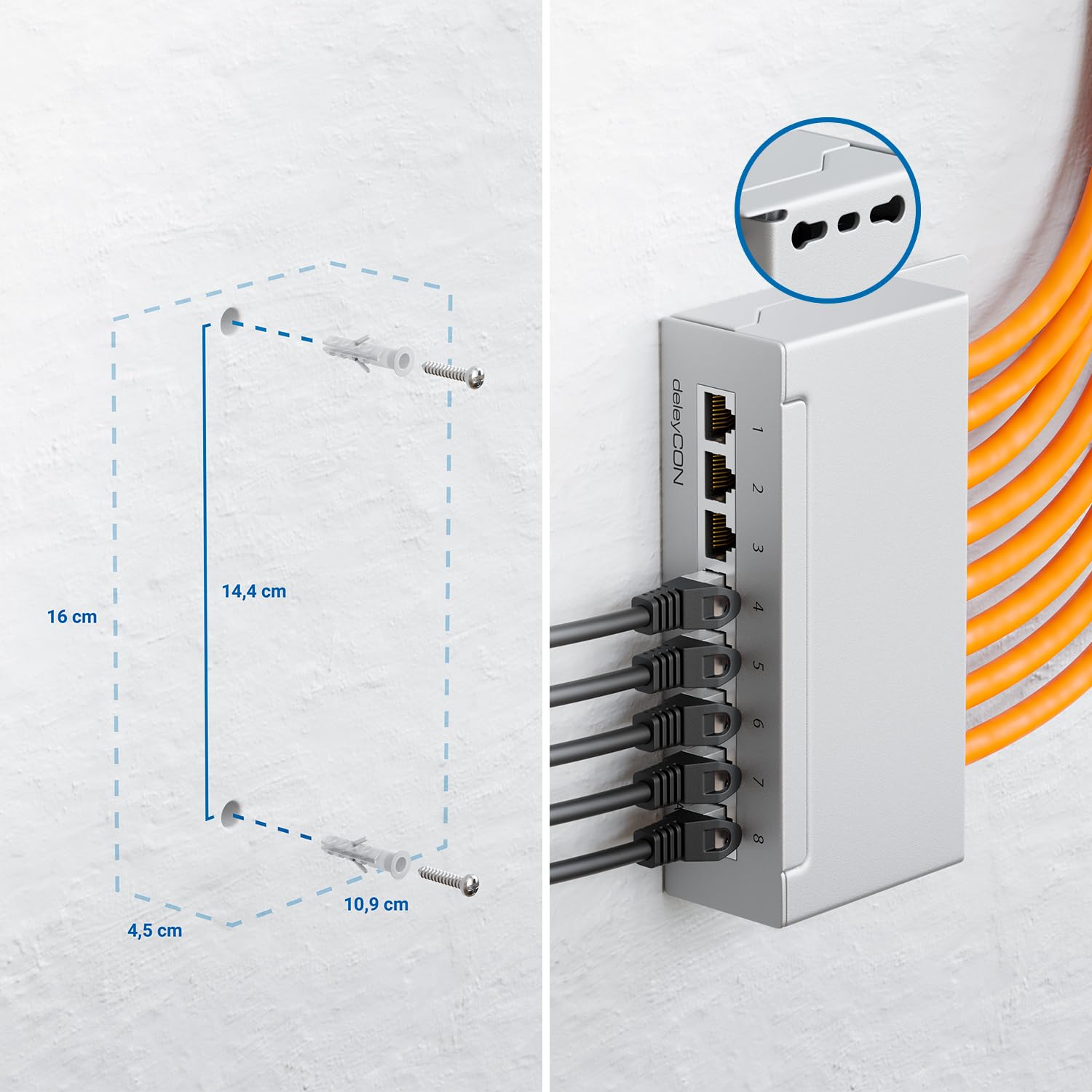 deleyCON CAT6a Patch Panel El Panel de Corrección 8 Puertos Escritorio y Montaje en Pared - Blindado - Enchufe 8X RJ45 - TIA568A TIA568B - Gris Claro