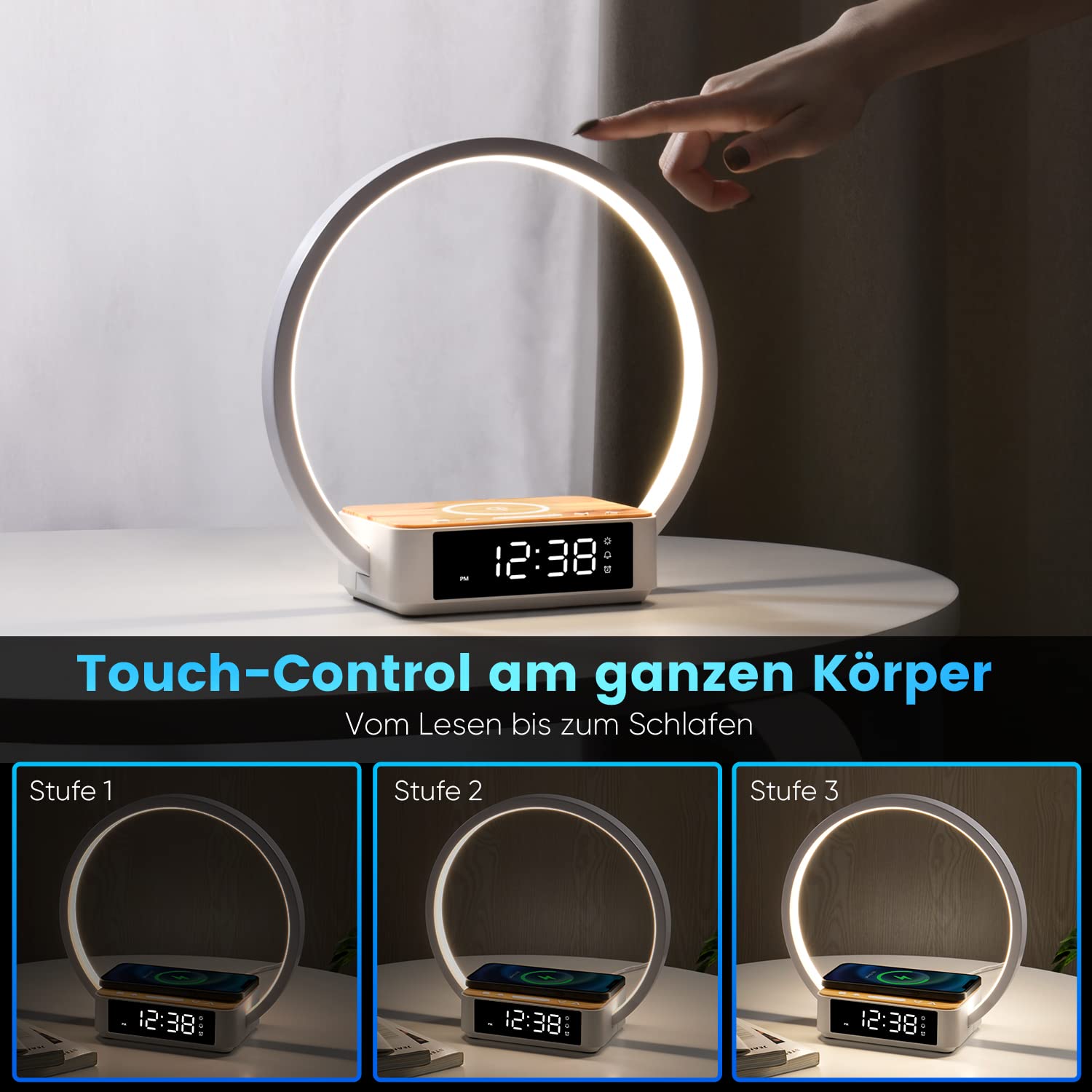 WILIT LED Nachttischlampe mit Ladefunktion 10W, Lichtwecker Tischlampe Touch Dimmbar, Warmes Nachtlicht mit Wireless Charger für Schlafzimmer, Gelb