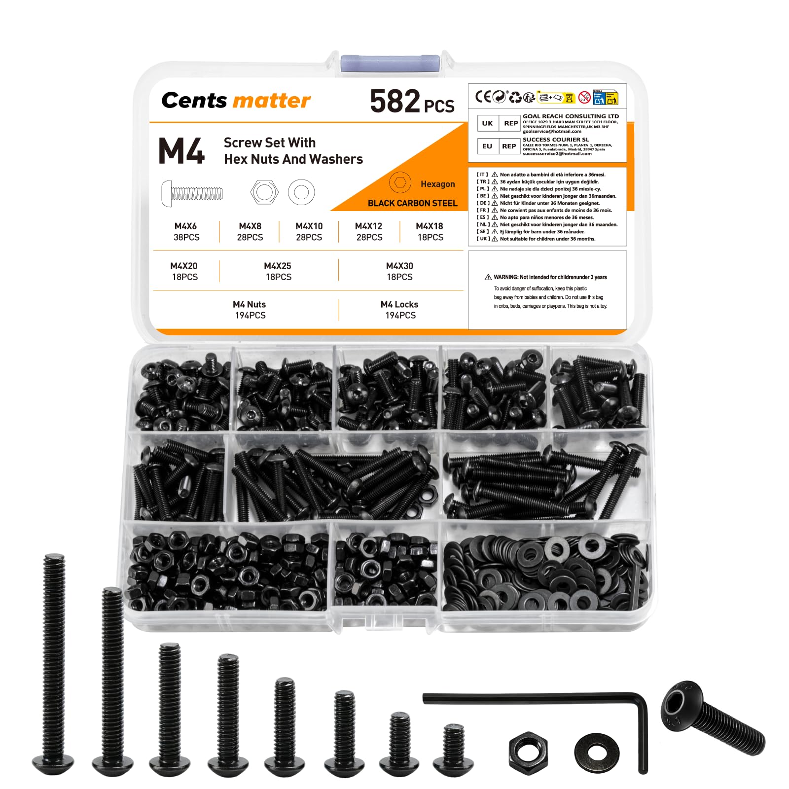 582 Pcs M4 Screws Set, M4 Bolts and Nuts Set, Assorted Nuts and Bolts Set, Hex Socket Head Cap Screws Bolts and Nuts Set with Washers Set, Pan Head Round Head Machine Screws Assortment Kit — image 1