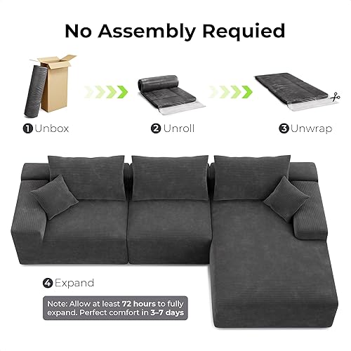 Miniatura 4 de LIKIMIO Sofá deshuesado de 120 pulgadas para sala de estar, asiento profundo, cómodo sofá modular en forma de L, tapicería de pana gris oscuro, no