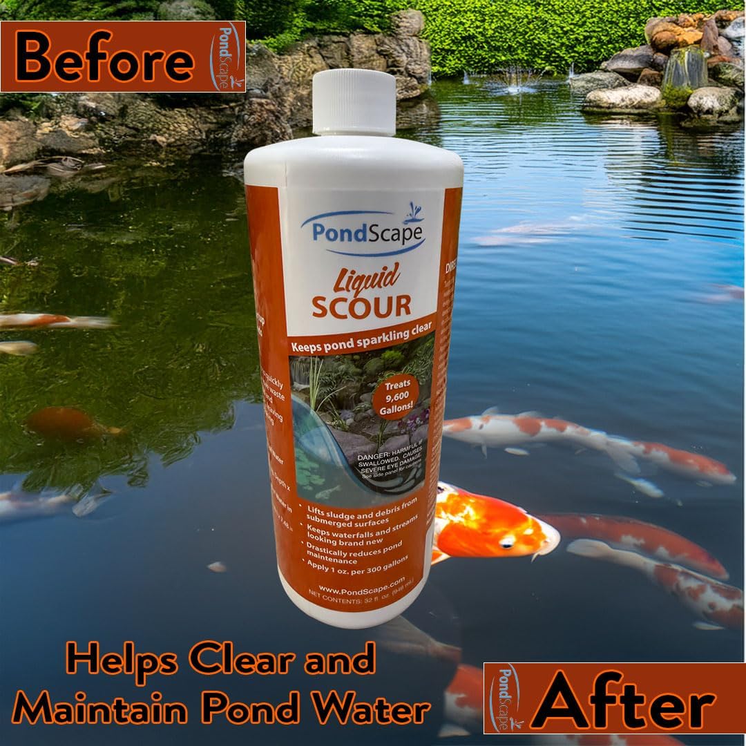 Pondscape Liquid Scour Pond Cleaner – Oxygen Based Solution, Improves Water Clarity and Reduces Maintenance, Suitable for Koi Ponds, Water Gardens & Streams, Safe for Use with Fish and Wildlife (1gal)