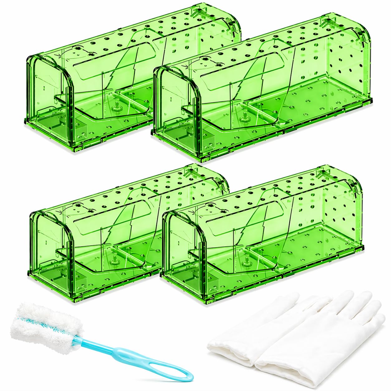 Humane Mouse Traps (4 Pack) – Reusable Live Catch & Release | No-Touch Disposal | Indoor & Outdoor Rodent Trap Kit with Gloves & Cleaning Brush | Sensitive Trigger (Green)