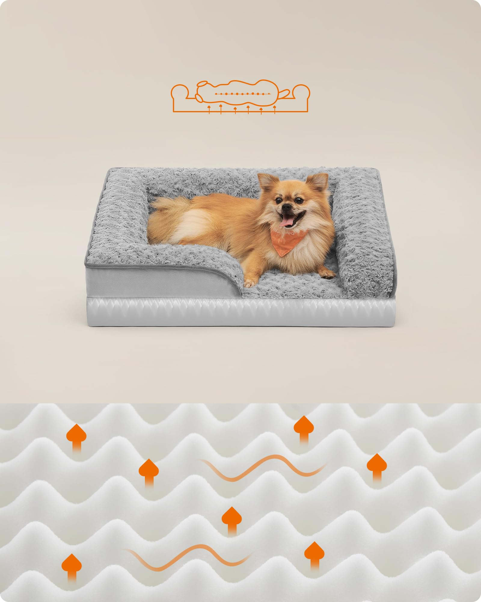 Feandrea Cuccia Cane Interno, Cuccia per Cani, Lettino per Animali, Ortopedico con Gommapiuma Ondulata, Bordi Rialzati, Copertura di Peluche Sfoderabile, 71 x 58 x 16 cm, Grigio Tortora PGW251G01