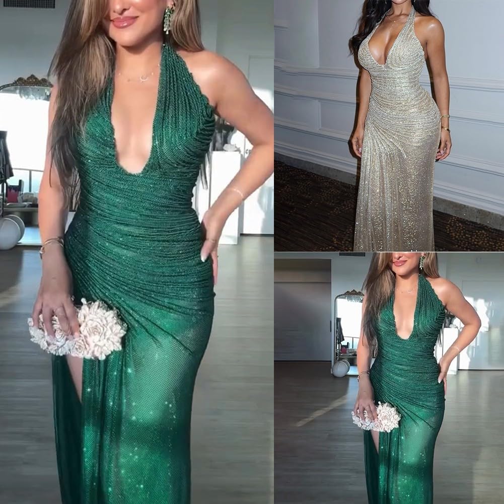 Abito da donna con scollo all'americana con paillettes lucide con profondo scollo a V, design senza schienale e spacco sui fianchi, perfetto per eventi serali, feste e riunioni di vacanza