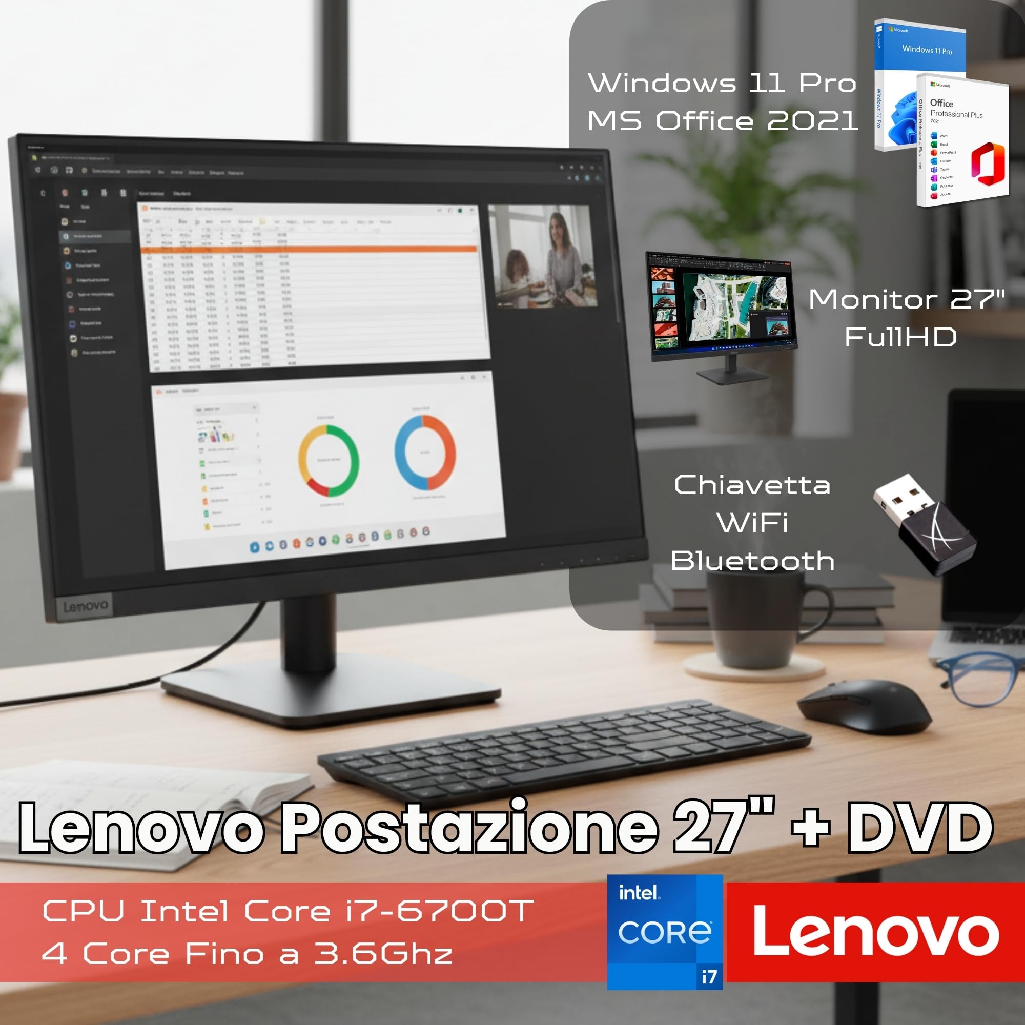 Lenovo Computer 27 Pollici Core i7 Fino a 3,80 GHz 16GB Ram 1000GB SSD Win 11 Pro Office 2021 Pro DvD RW Garanzia 36 mesi