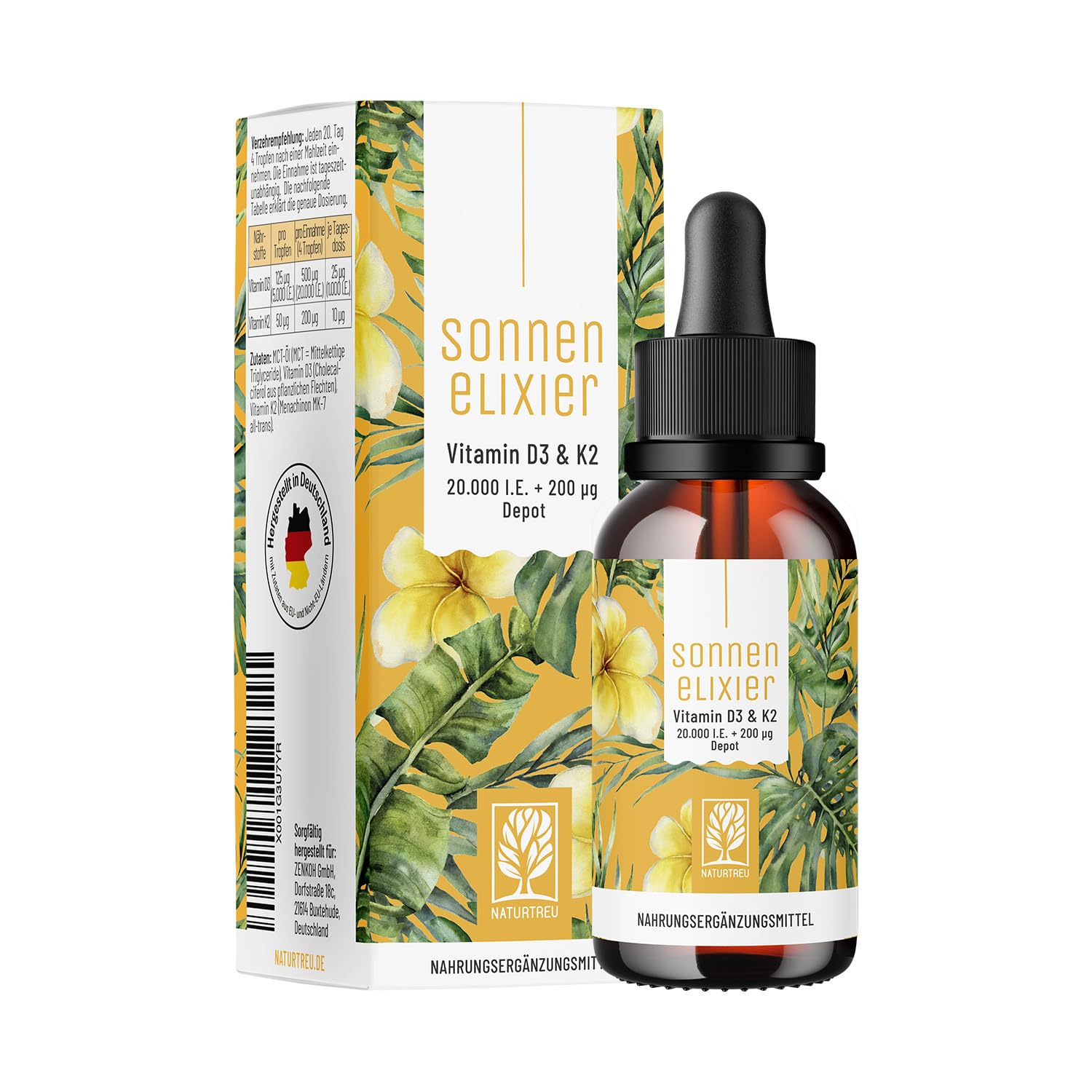 NATURTREU® Vitamin D3 K2 Tropfen hochdosiert & vegan - 20.000 I.E Vitamin D3 + K2 MK7 200 mcg pro Dosis (Depot)