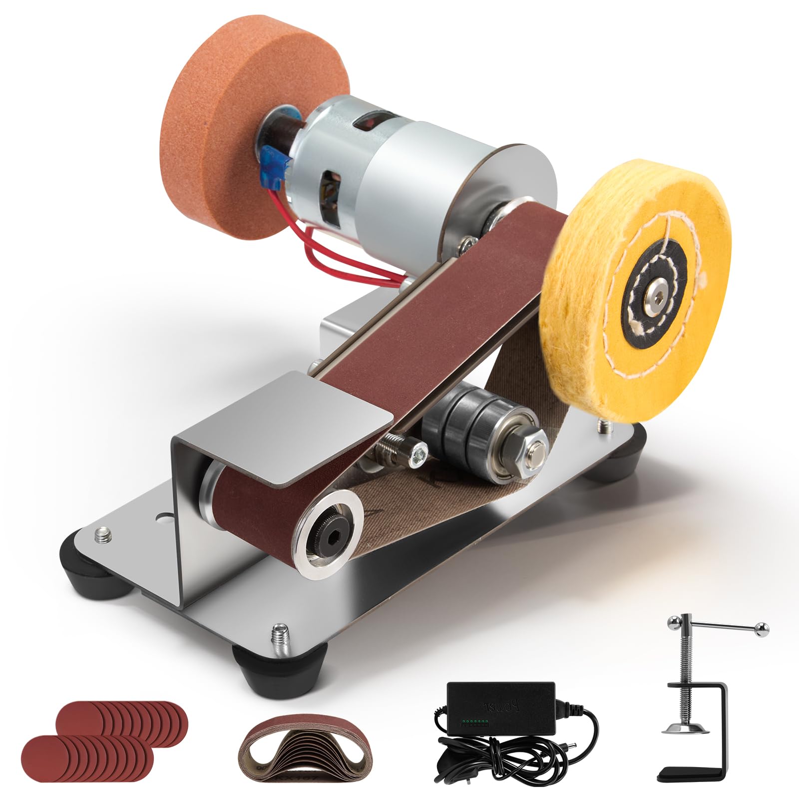 Electric Mini Belt Sander, Electric Belt Sanding Machine Small Table Bench Grinder with Fixed Clamp, Grinding Wheel