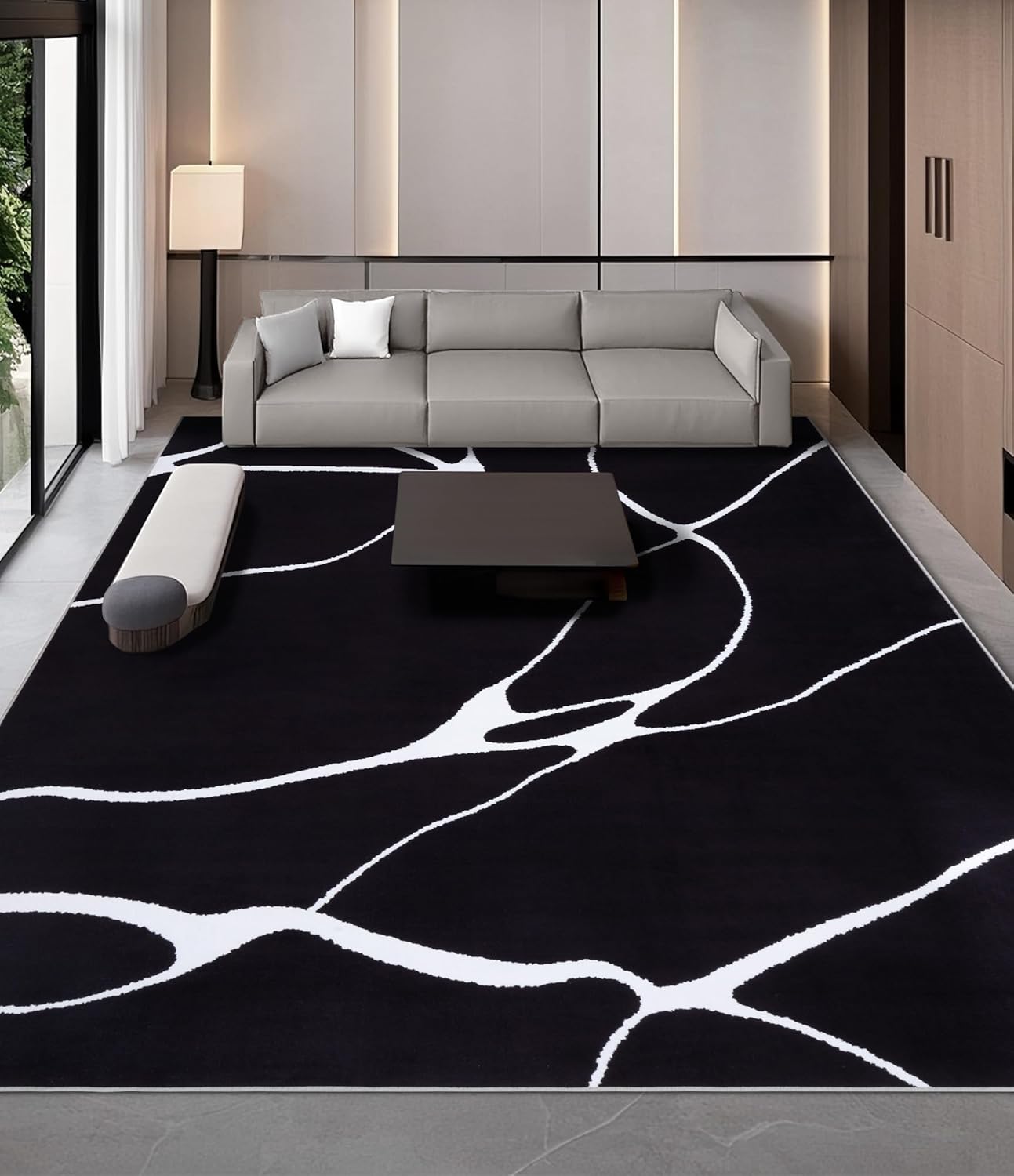 YIHOUSE Modern Washable Area Rug for Living Room Bedroom - Large Abstract Black and White Rug Non-Slip Ultra-Thin Home Decor (Dark Warping, 8'x10'ft) Dark Warping 8' x 10' (Rectangular)