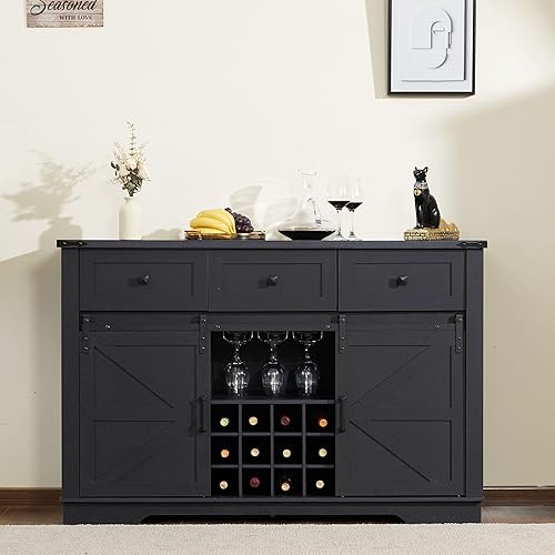 Real Relax Armario tipo bufé de granja con almacenamiento, armario de bar con estantes de almacenamiento, cajones, puerta corrediza de granero,