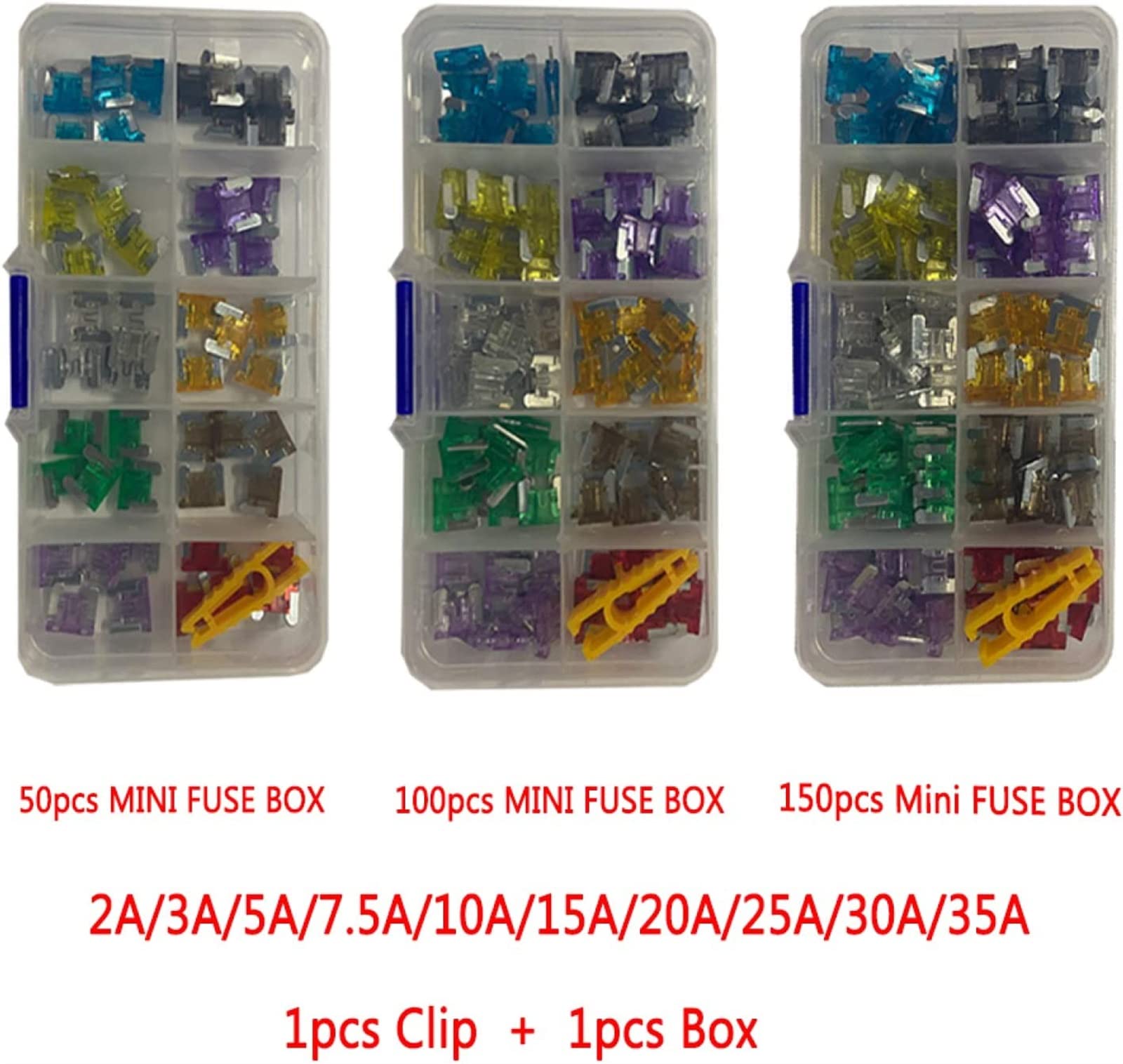 Mini fusibles for Coche de 150/100/50 Uds. con Surtido de Clip de Caja 2A/3A/5A/7.5A/10A/15A/20A/25A/30A/35A, Juego de fusibles Tipo microcuchilla automático for camión(100pcs with Box)