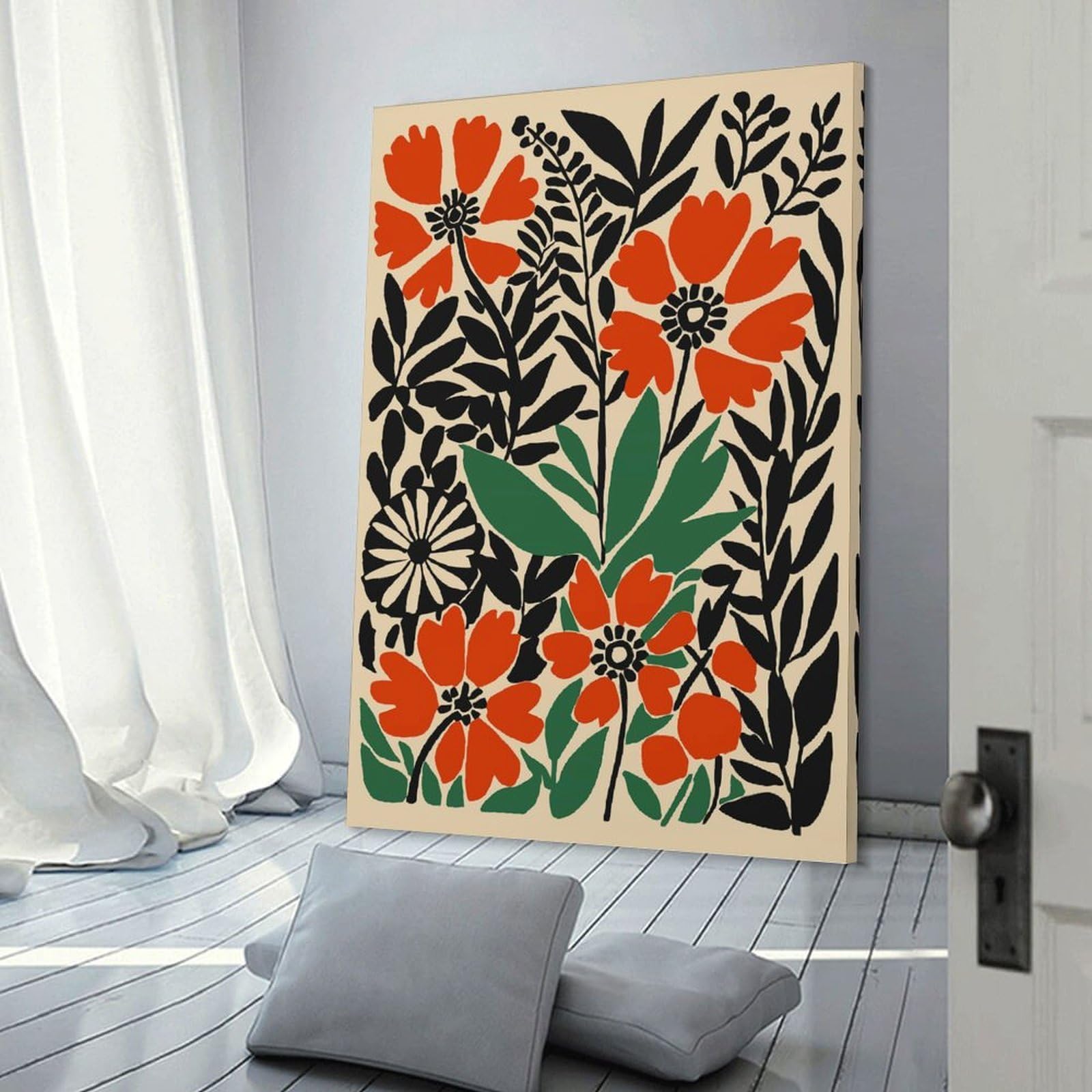 Junmoney Floral Illustration with Red Flowers Hanging Wall Art 12x18inch(30x45cm), for Feature Walls in Flats Or Modern Rooms, Home Wall Art for Statement Displays