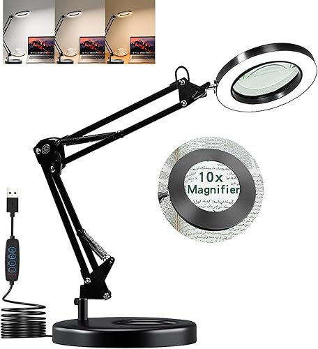 Miniatura 1 de Lewoncci Lupa con luz y soporte, lámpara de aumento 10X, lámpara de escritorio con aumento 2 en 1 con abrazadera, 3 modos de color, lupa con luz