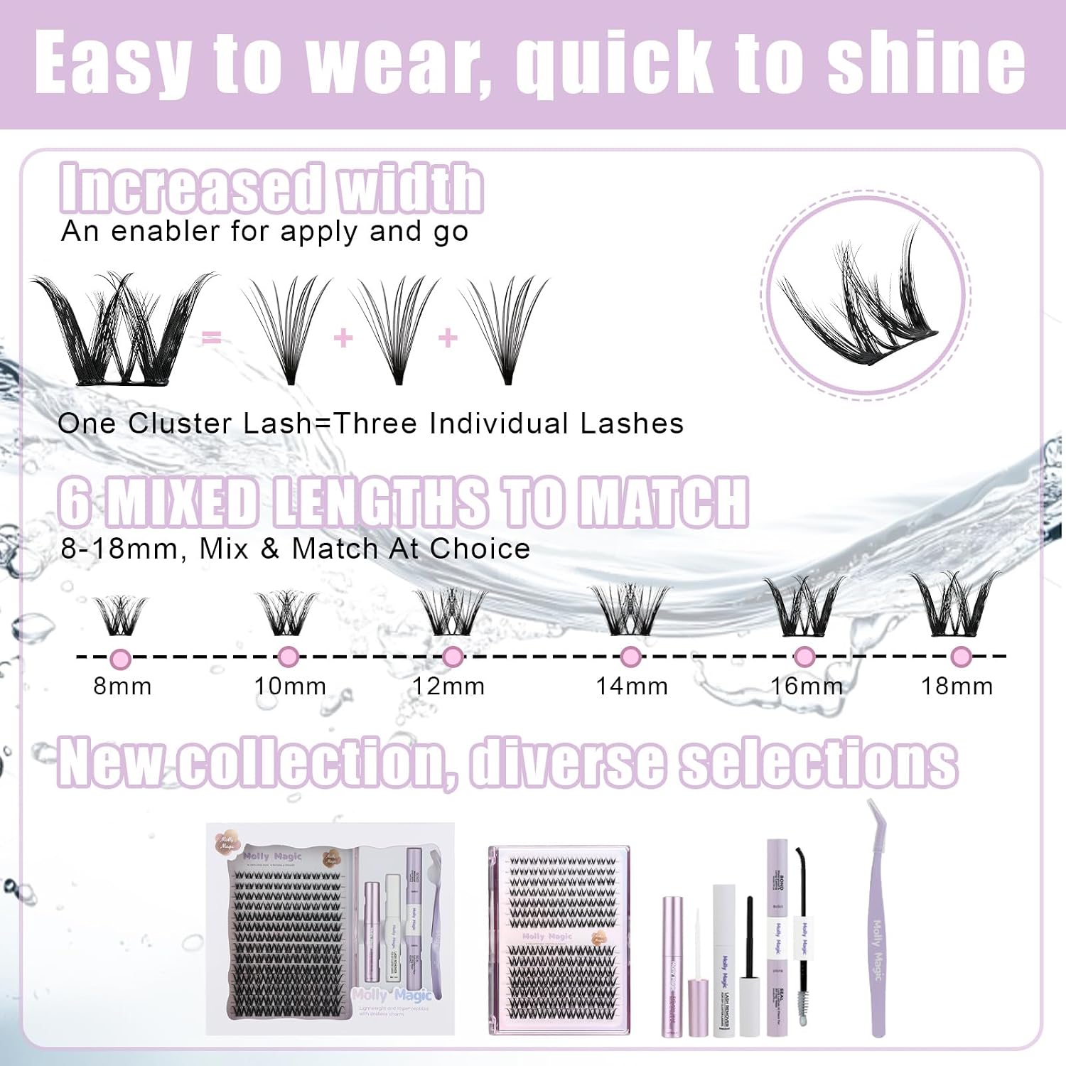 Molly Magic Aurora Lash Clusters Kit, D Curl 8-18mm Wispy Natural DIY Eyelash Extensions with Ultra-Thin Band, Complete Set Includes Waterproof Black Bond & Seal, Remover, Tweezers for Beginners