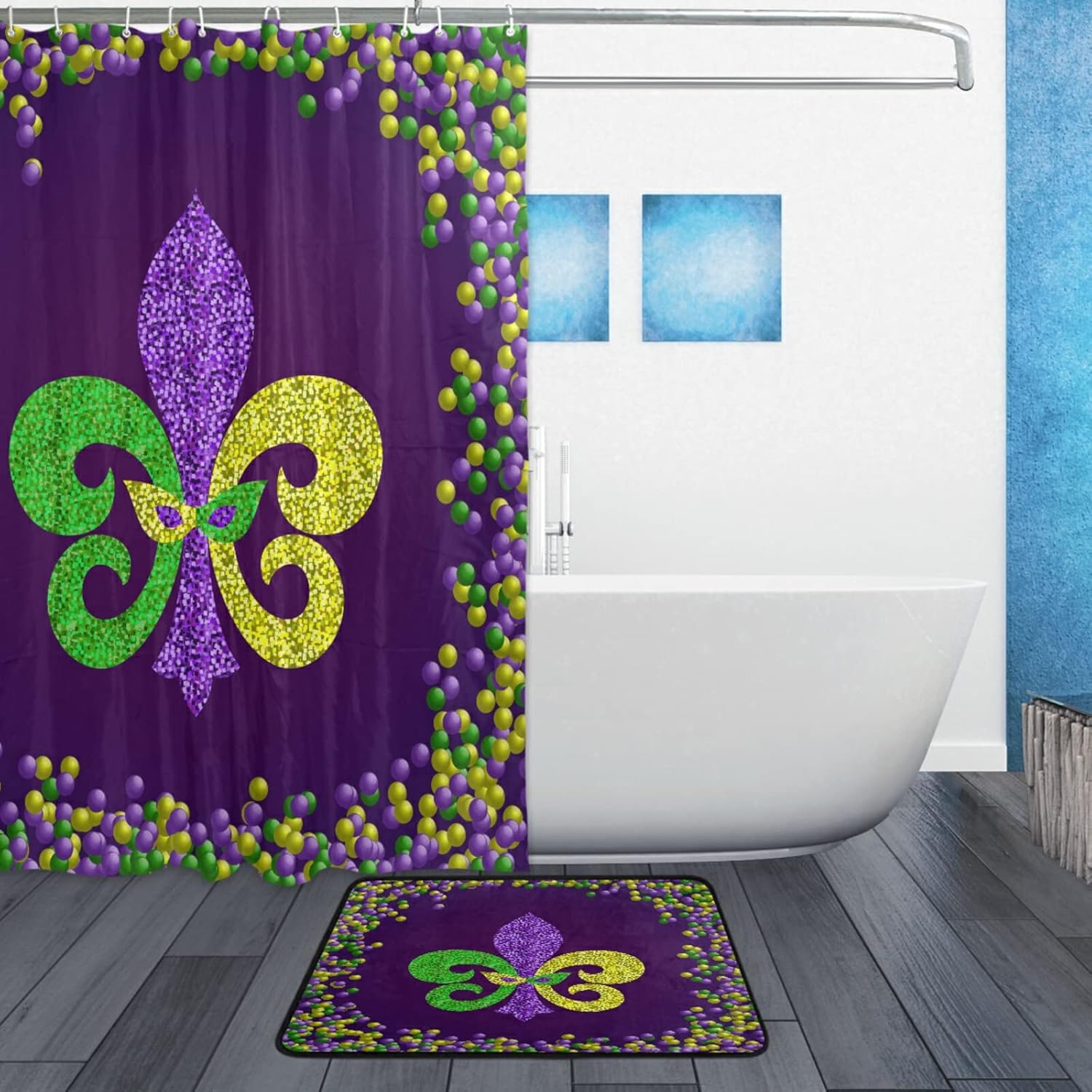 xigua Mardi Gras Bath Curtain Rugs Sets 2 Pcs,Mardi Gras Lily and Shimmer Beads Bathroom Theme Set with Shower Curtain and Non-Slip Carpet -12 Hooks-60X72in