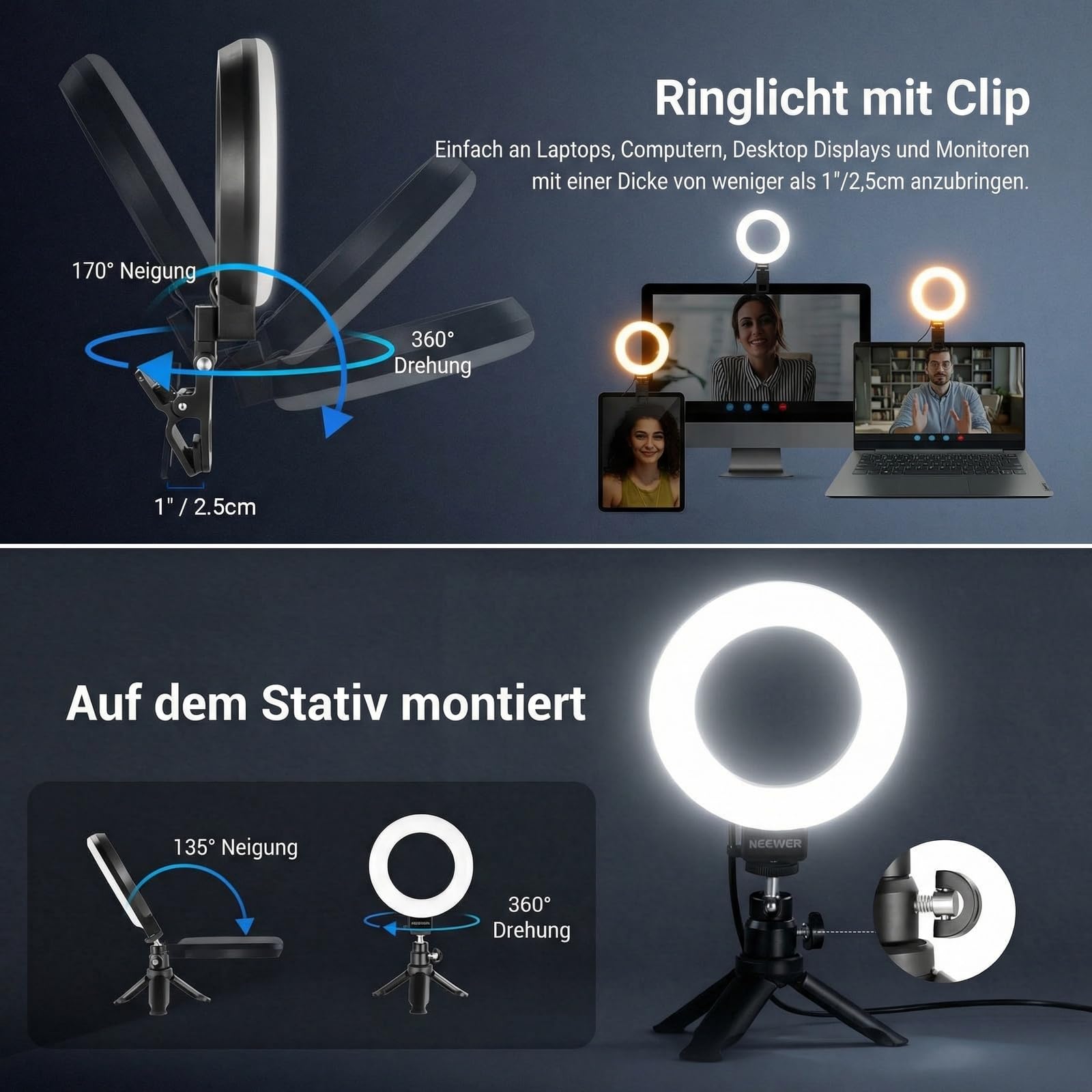 NEEWER BASICS 5" Ringlicht mit Klemme und Mini Stativ, 10W 3000k-6000K Dimmbares Ansteckleuchte für Laptop Computer Monitor Videokonferenzen Selfie, Vlog Makeup, Live Streaming, Videoaufnahmen, BR60