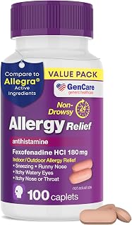 GenCare Allergy Relief Pills - Fexofenadine 180mg 24 Hour Non-Drowsy Allergy Medicine Antihistamine, Compare to Allegra 24 Hour Non Drowsy Pills for Itchy Eyes, Runny Nose, Hives (100 Count)