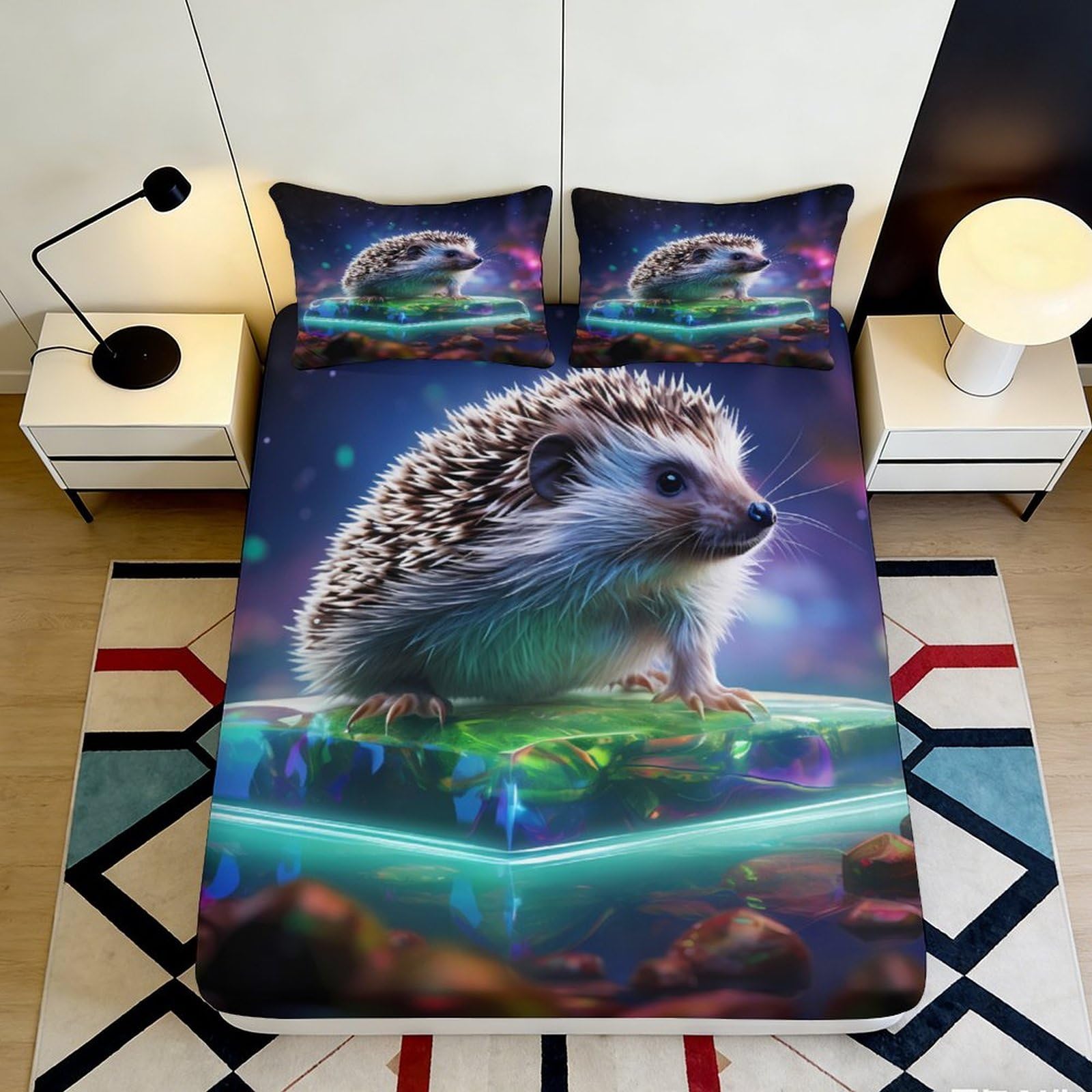 3D Printed Hedgehog Fitted Sheet Microfiber Deep Pocket Bedroom Bedding Non-Slip Elastic Hem Hedgehog Mattress Fitted Cover Washable 160x200x25cm