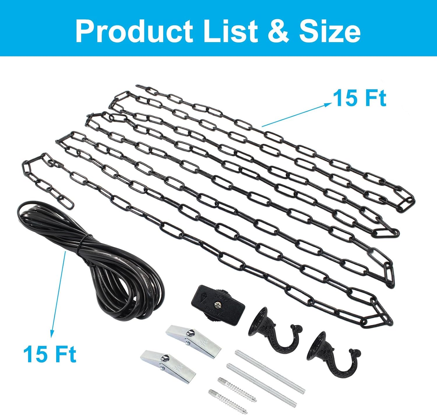 Swag Light Kit with 15 Ft Chandelier Chain, 15 Ft Light Cord, Switch and 2 Swag Hooks, Black Hanging Lamp Kit for Pendant Light, Ceiling Light and Fan Light