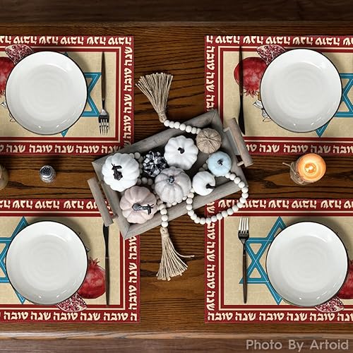 Miniatura 3 de Artoid Mode Hexagram Honey Roshashana - Juego de 4 manteles individuales de 12 x 18 pulgadas, manteles individuales para decoración de fiestas,