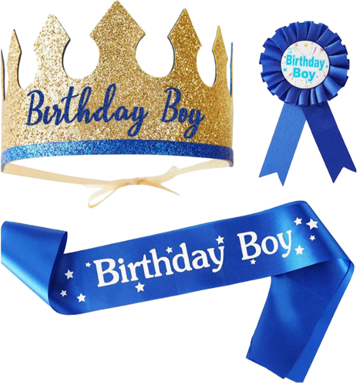 3 PCS Adjustable Birthday Boy Crown Hat, Sash & Badge Decorations Set - Perfect for Boys' Birthday Party, Cosplay, Costume Party