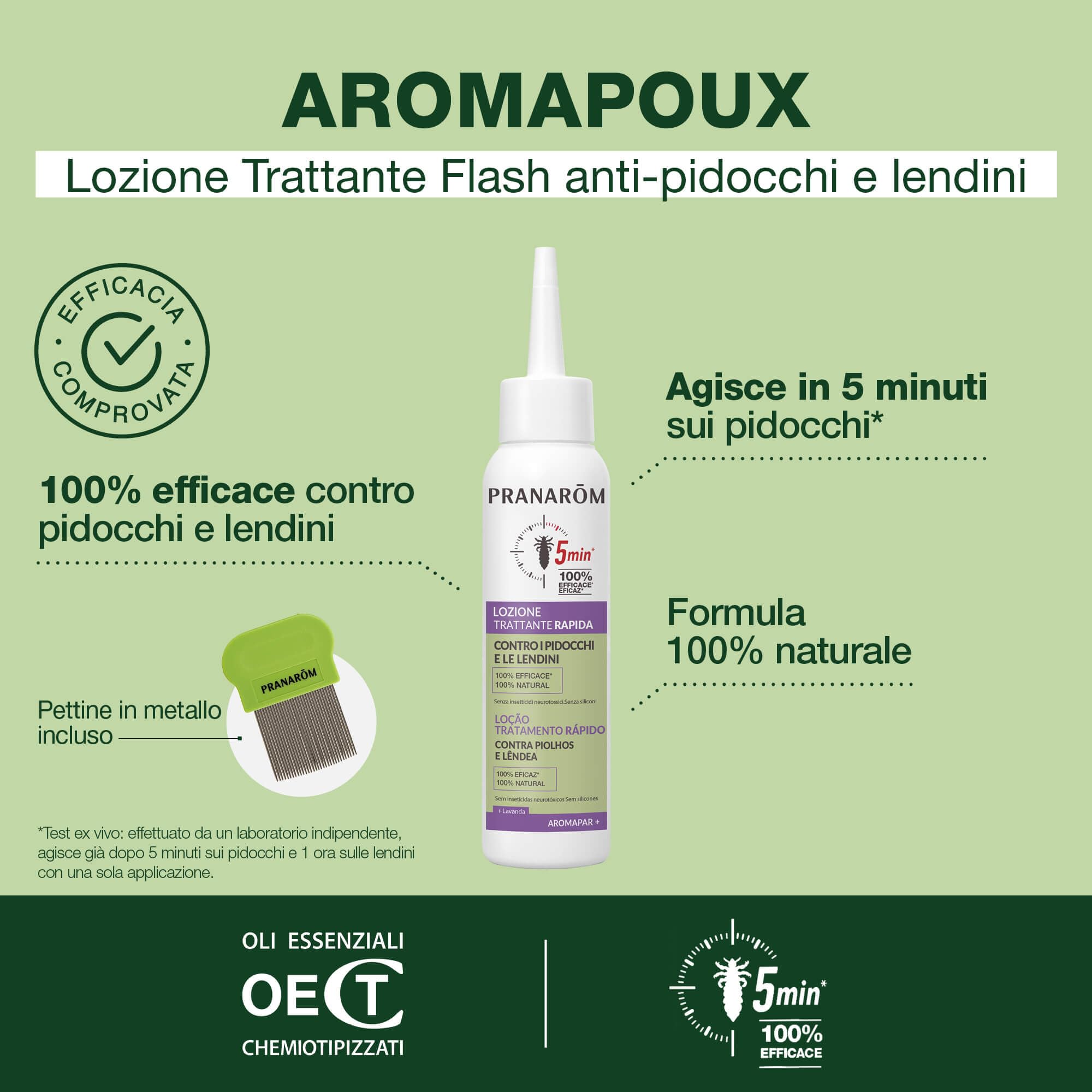 Pranarôm Aromapoux Duo Lozione Antipidocchi 2x100 ml | Con lavanda vera e olio di cocco, pettine incluso. Agisce in 5 minuti, dai 6 mesi.