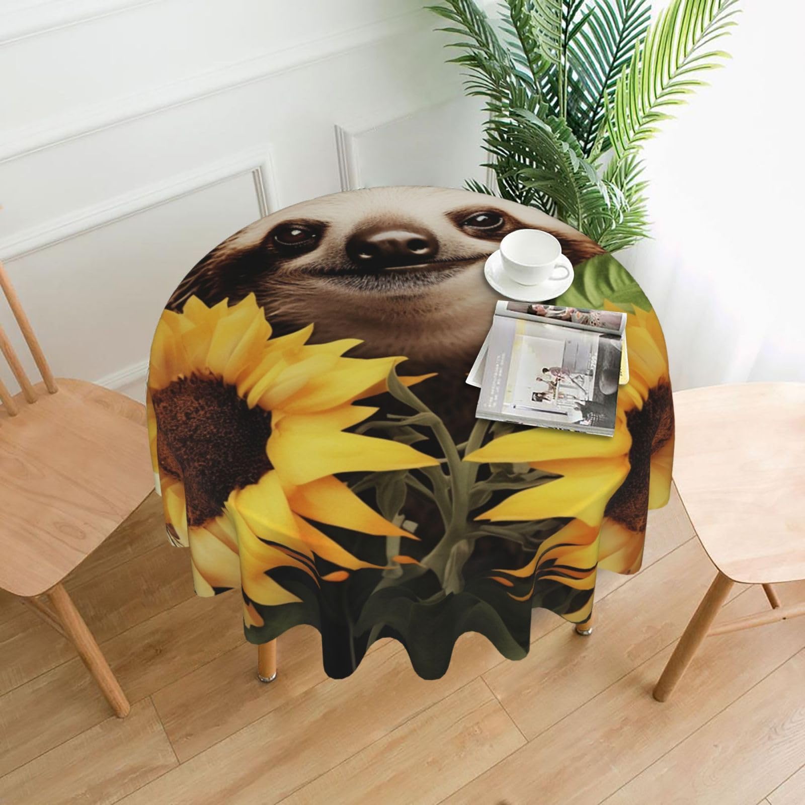 Fodpand Black Sloth Sunflower Tablecloths For Round Tables 60 Inches - Reusable And Washable Kitchen Table Clothes Decorative Table Cover For Dining Tables, Buffet Parties, Wrinkle Resistant