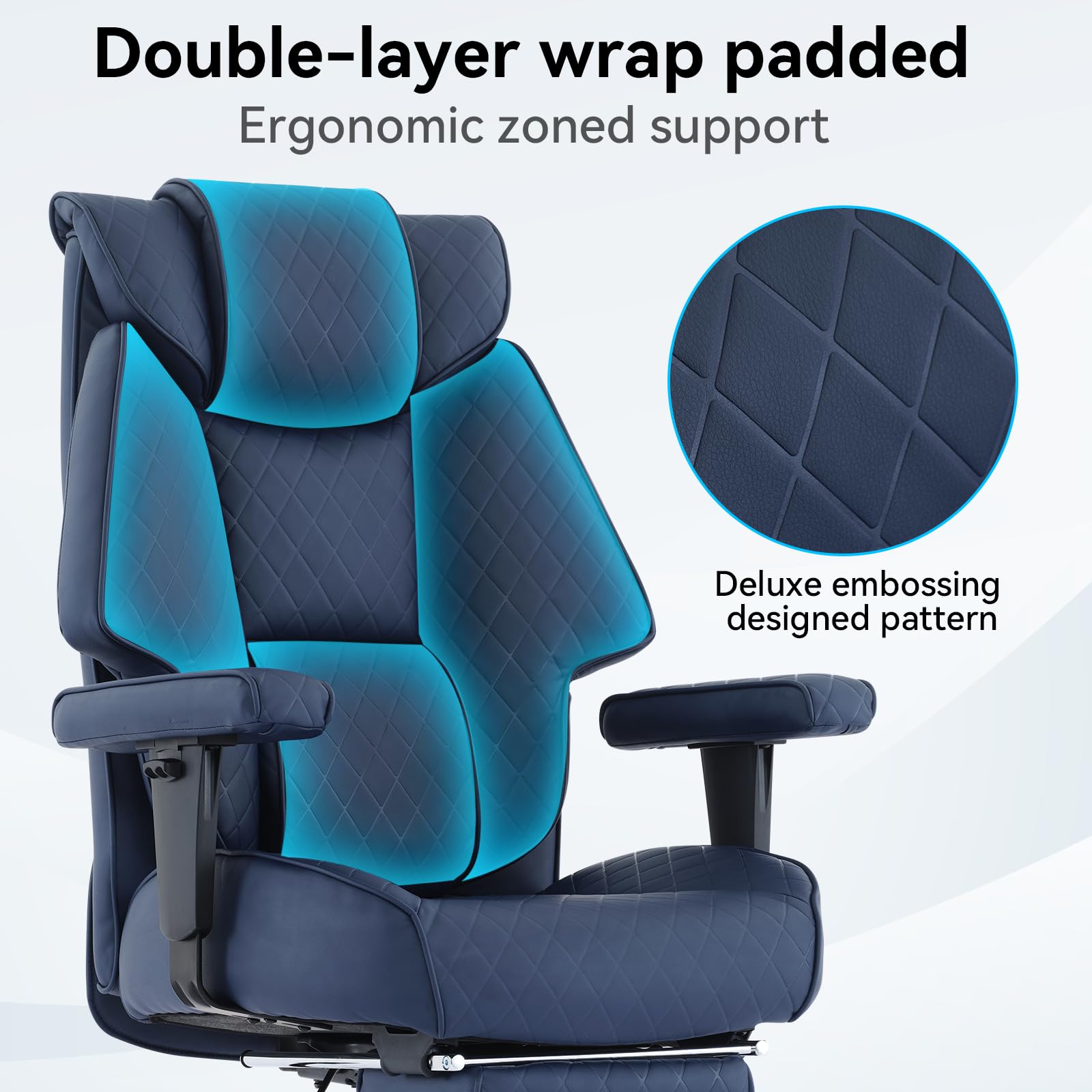 Big and Tall Office Chair with Footrest, PU Leather High Back Executive Office Chair 400lbs, Ergonomic Computer Chairs Lumbar Support for Heavy People (Blue)