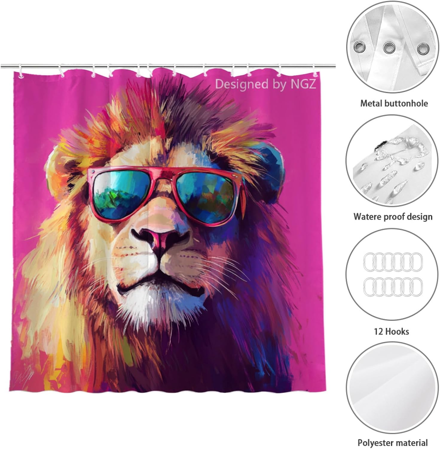 NGZ Cute Lion Pink Shower Curtain, Oil-Paints Hot Pink Curtain, 72x72 Inches Shower Curtains for Bathroom, Snow Fabric Bath Curtains Set with 12 Hooks image 4