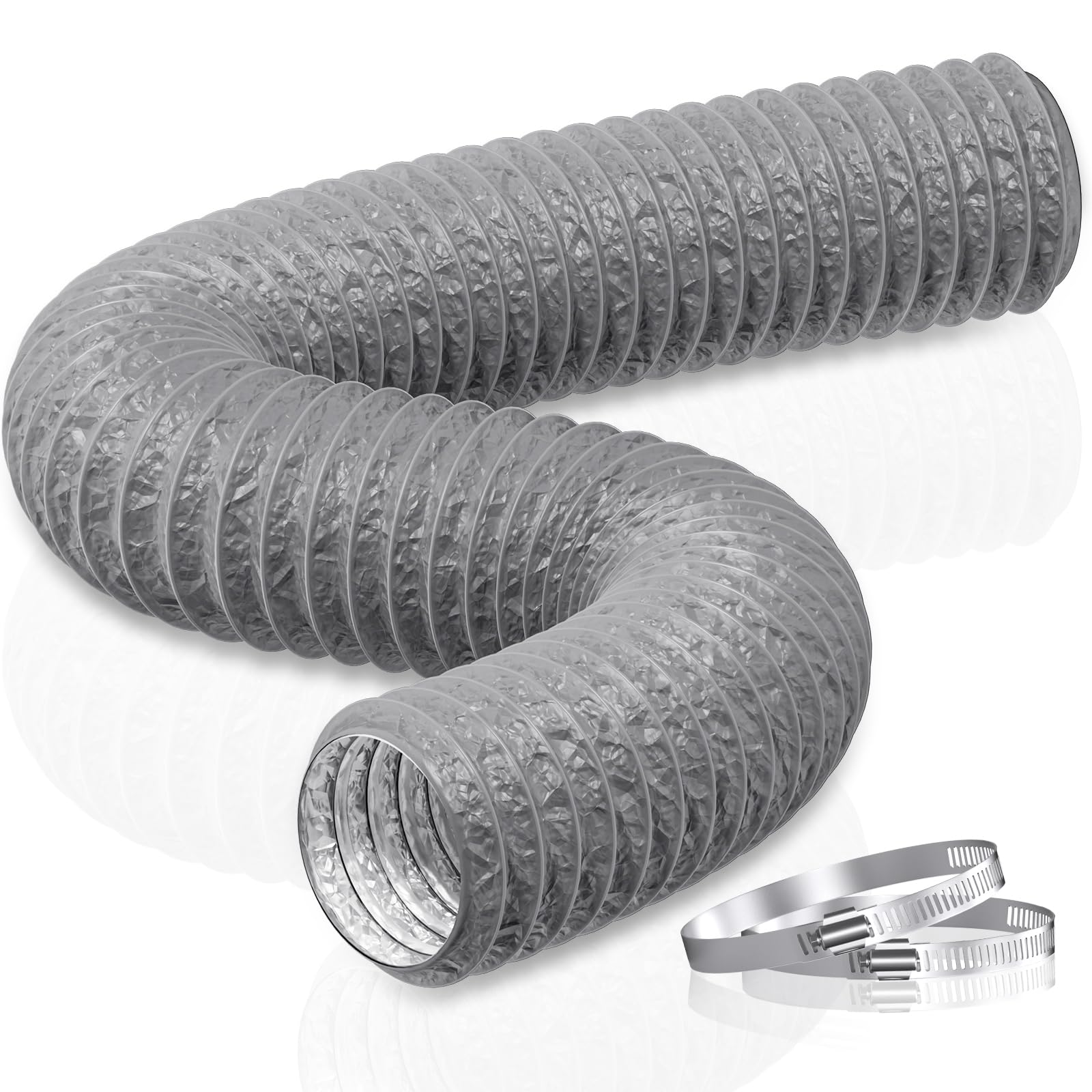 HG Power 125mm Ducting Length 5m PVC Aluminium Flexible Ventilation Duct PVC Pipe Tumble Dryer Vent Hose with Clamps for Hydroponics Extractor Fan, Cooker Hood, Bathroom, Toilet, Grey