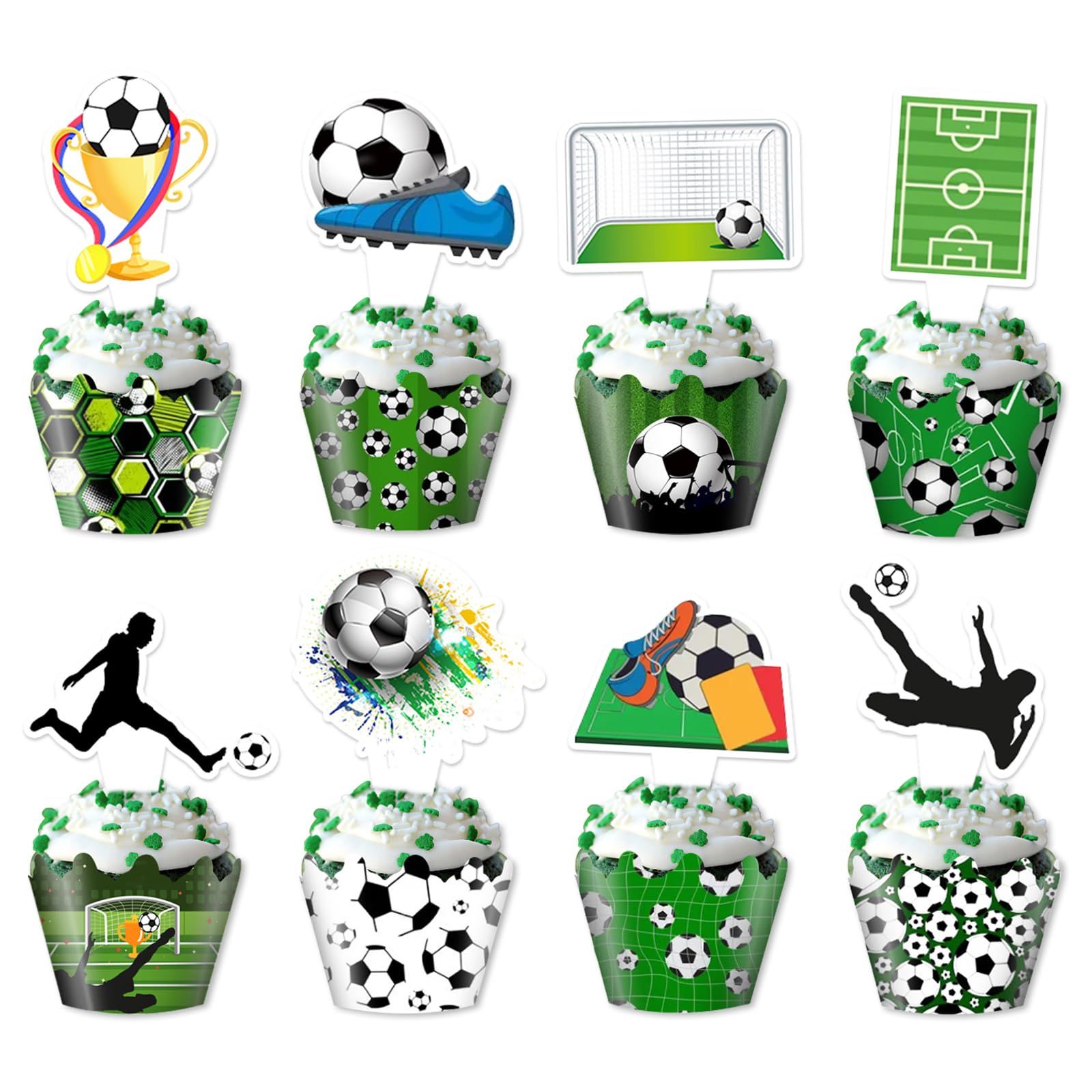 48 PCS Soccer Cupcake Liners + Toppers and Wrappers Sport Theme Liners Soccer Cupcake Birthday Cake Decoration, Party Supplies