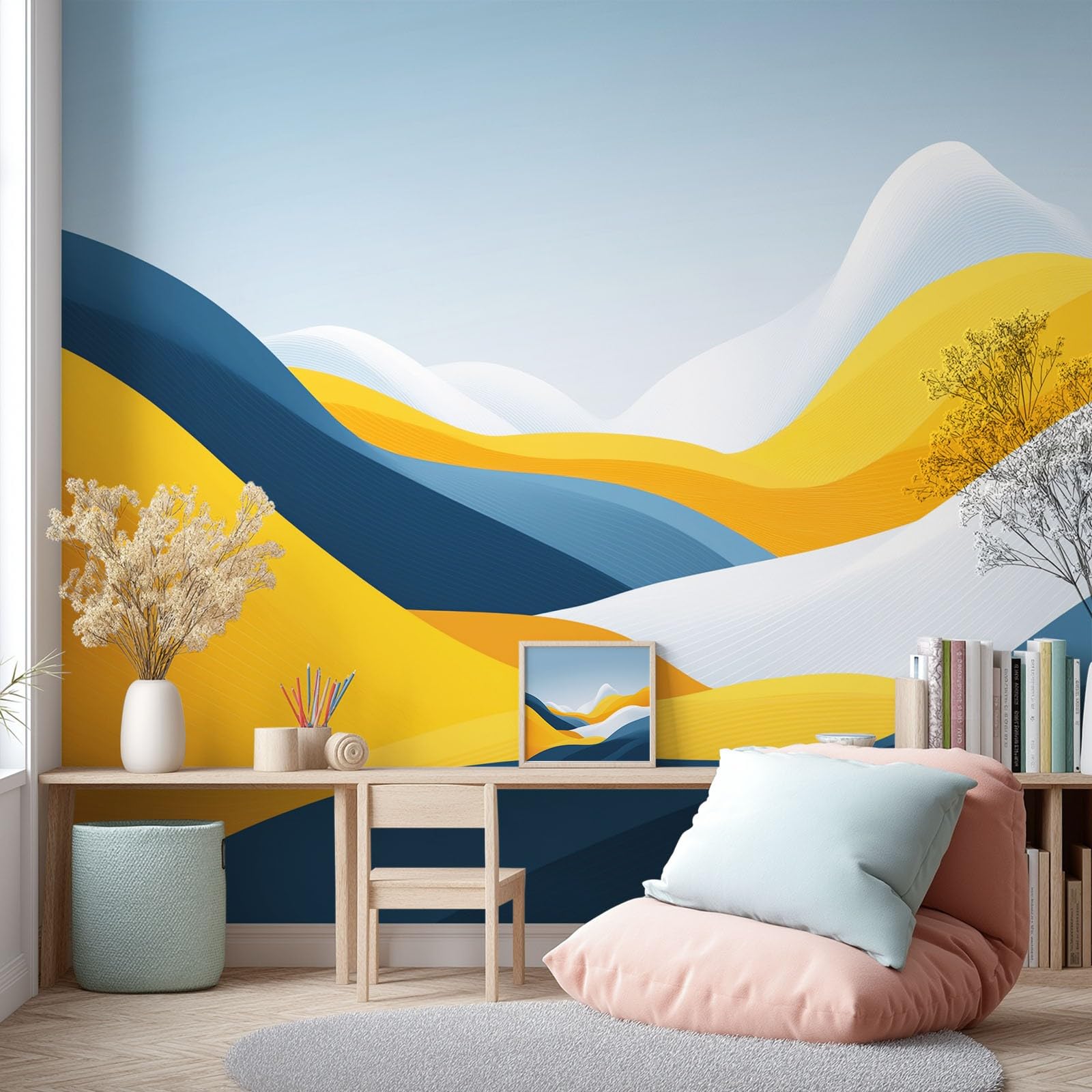 Nowoczesna geometryczna panoramiczna tapeta ścienna, 300 x 210 cm fototapeta z włókniny góry wzgórza, dekoracja ścienna salon pokój dziecięcy restauracja