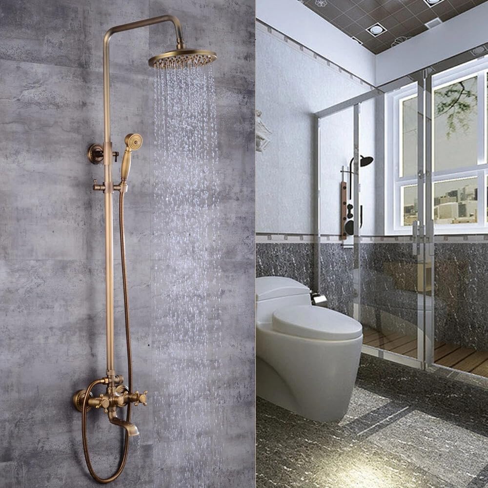 Colonna doccia bronzo con doccia a pioggia e doccetta a mano, set doccia vintage per bagno, set doccia in rame regolabile in altezza, rubinetto da bagno retrò con attacco da 150 mm