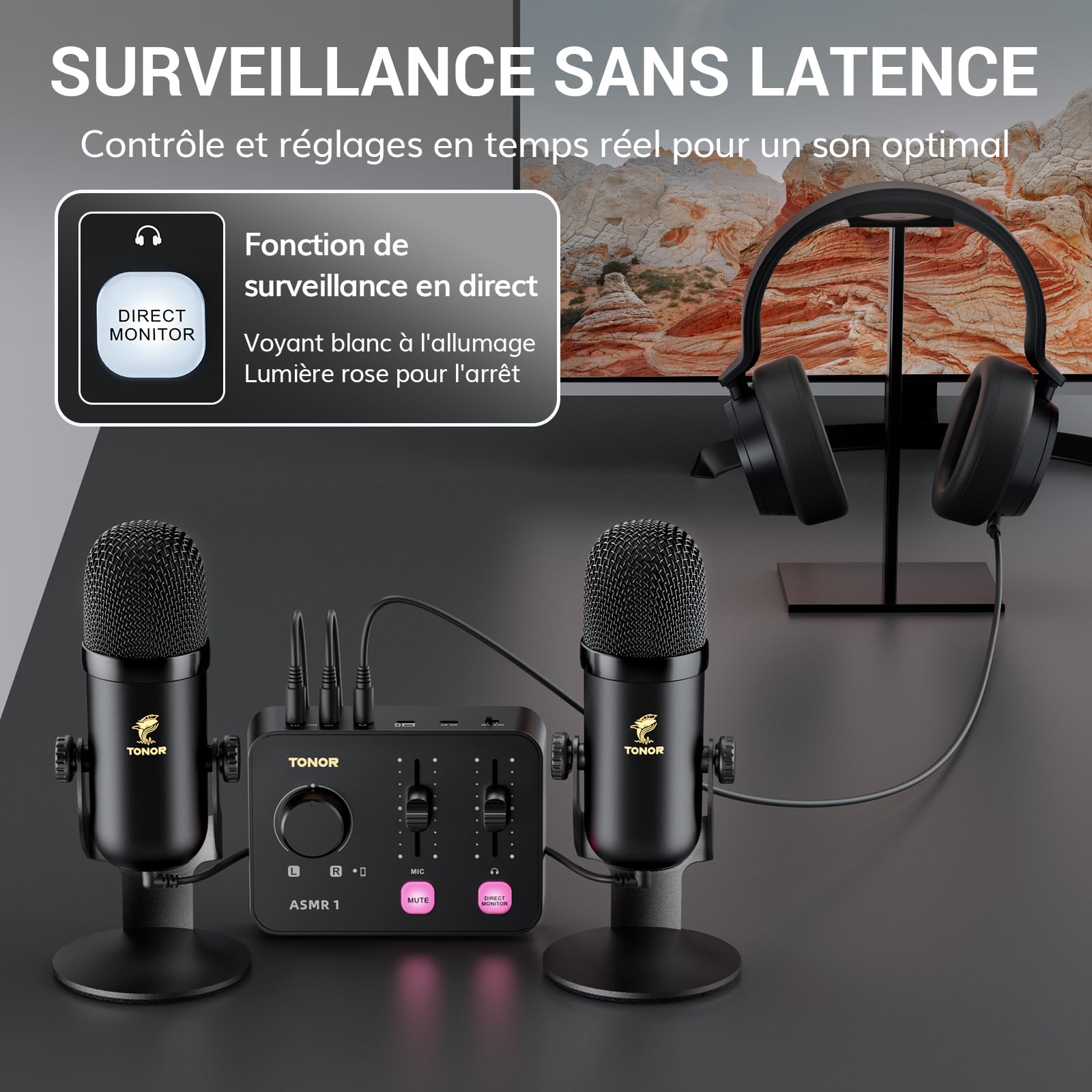 TONOR Ensemble D'équipements Micro ASMR, Microphone à Double Condensateur avec Interface Audio, Audio 3D Immersif, Son Clair, Contrôle du Volume, Kit pour ASMR, Podcast, Enregistrement, Noir