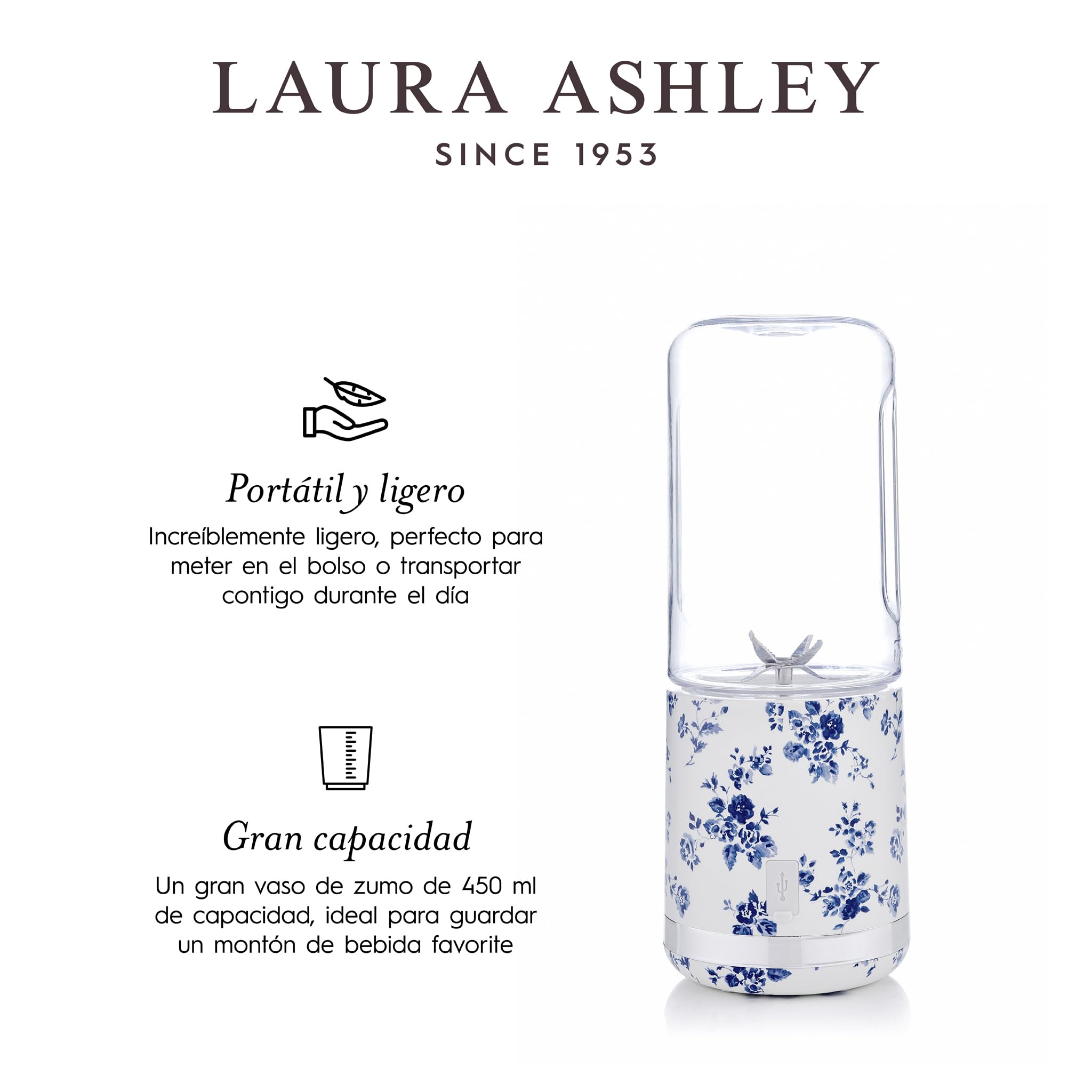 Laura Ashley China Rose Licuadora Portátil 450ml por VQ | Batidora USB Recargable Con Botella Licuadoras Para Zumos y Batidos Perfecta para Cocina Deporte Viajes y Oficina