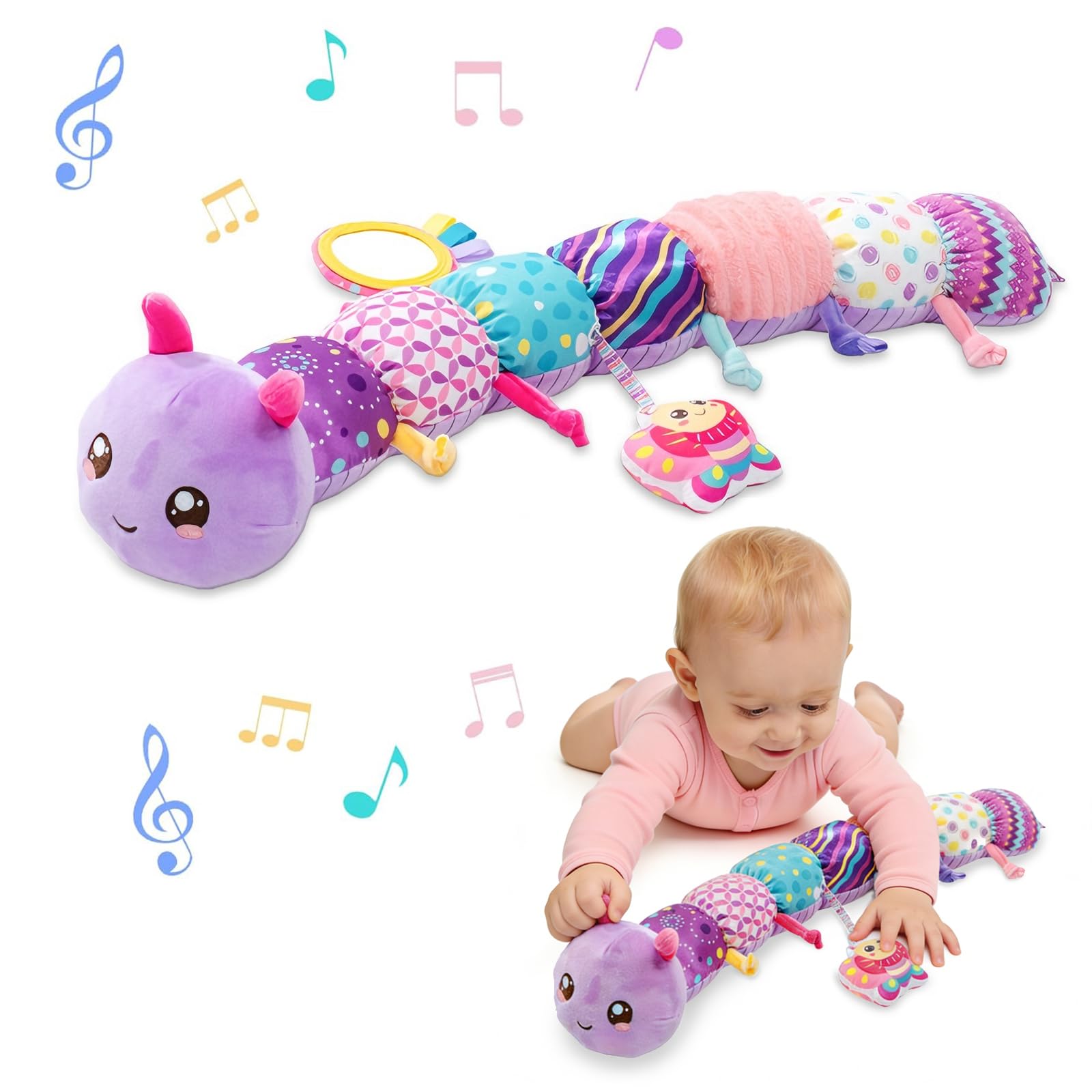 Baby Girls Toys 6-12 Months with Rattle & Mirror Crinkle, Caterpillar Sensory Musical Toys for Newborn 0-6 6-12 Months Shower Gifts, Baby Caterpillar Toy for Tummy Time, Newborn Essentials Toy