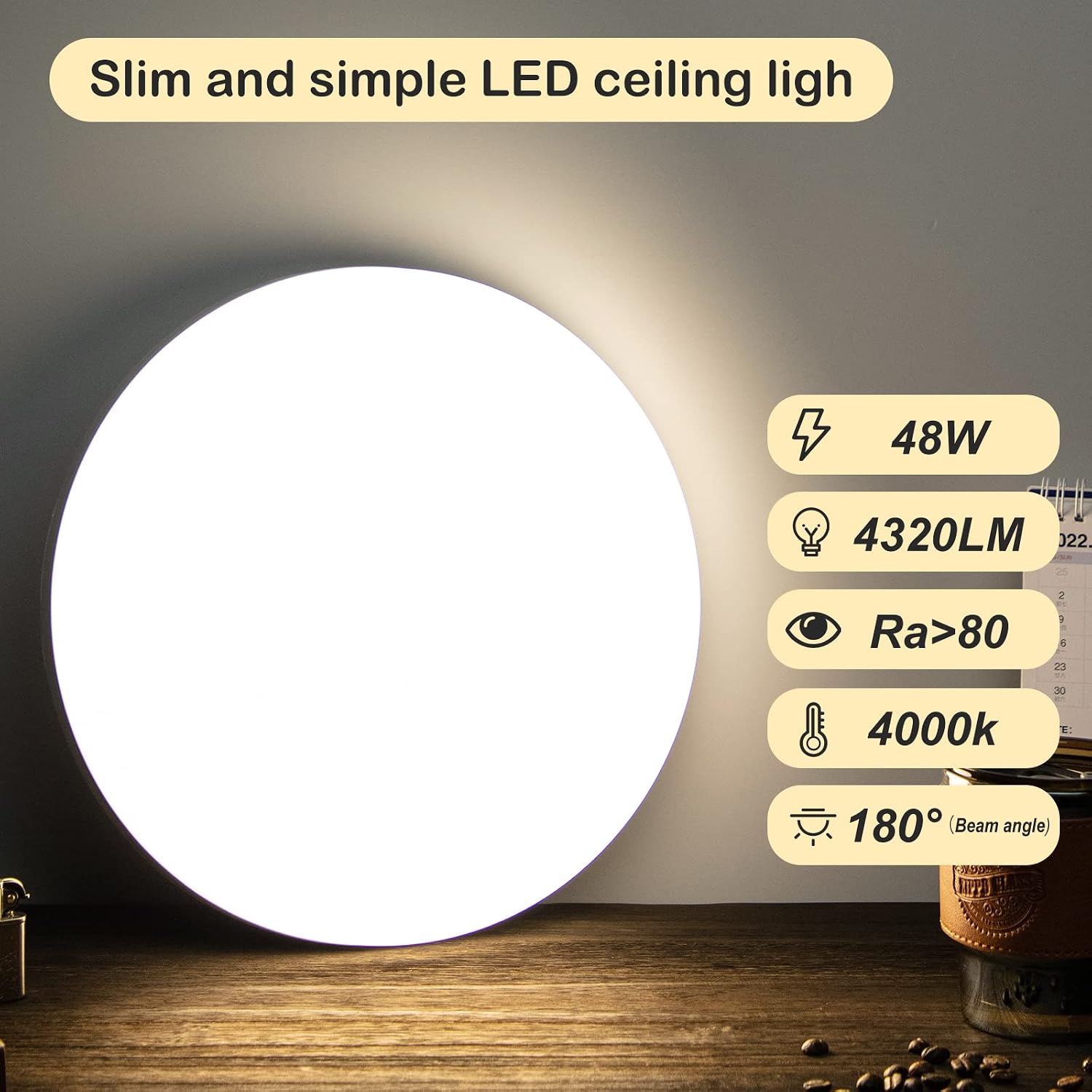 Combuh LED Flush Mount Ceiling Light 48W 12 Inch Natural White 4500K Round Ceiling Light Fixture Ceiling Lamp for Kitchen, Bedroom, Balcony,Porch,Laundry Non dimmable