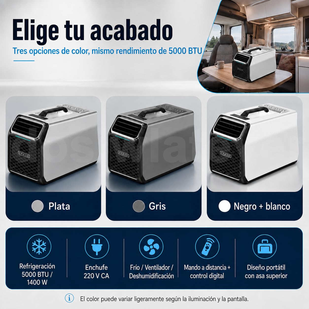 Nuevo aire acondicionado portátil 5000 BTU, 220-240V para casa y caravana, con filtro lavable, modo deshumidificación, temporizador y modo sueño, ideal para habitaciones, oficina o van Silver-220V