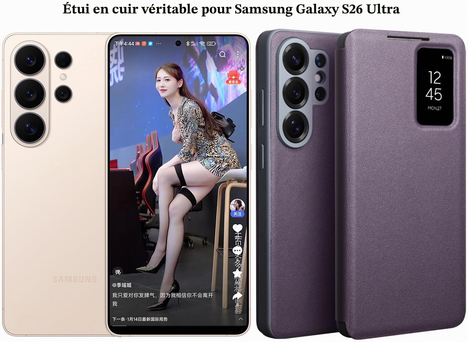 Coque Intelligente en Cuir Véritable pour Samsung Galaxy S26 Ultra. Veille/Réveil Automatique, Étui Téléphone Portable, Holster/Housse S 26 Ultra -Violet