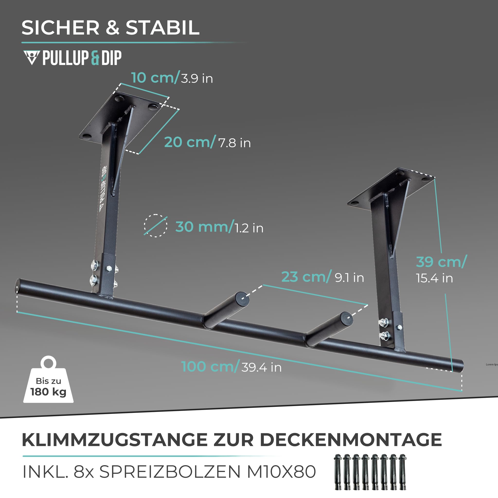 PULLUP & DIP Klimmzugstange für Deckenmontage – Pull Up Bar & Reckstange für das Home Gym – Stabil & belastbar bis 180 kg – 5 Griffpositionen, Anti-Rutsch-Oberfläche – inkl. Klimmzugband & eBook