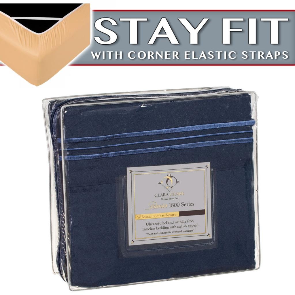 Clara Clark 1800 Series Bed Sheet Sets - Stay fit on Mattress with Elastic Straps at Corners - King, Navy Blue