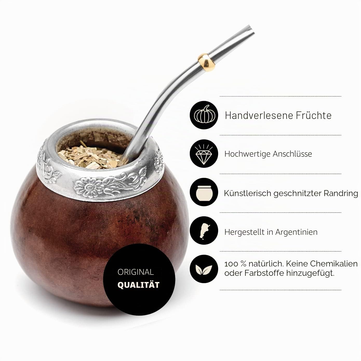 BALIBETOV Set mit 2 Yerba Mate Gourd und 1 Packung mit 100g Yerba Mate – Yerba Mate Cup Argentinien – 2 Mate Tassen, 2 Bombilla, 1 Reinigungsbürste, 1 lose Yerba Mate Tasche (DUNKLE BRAUNEE)