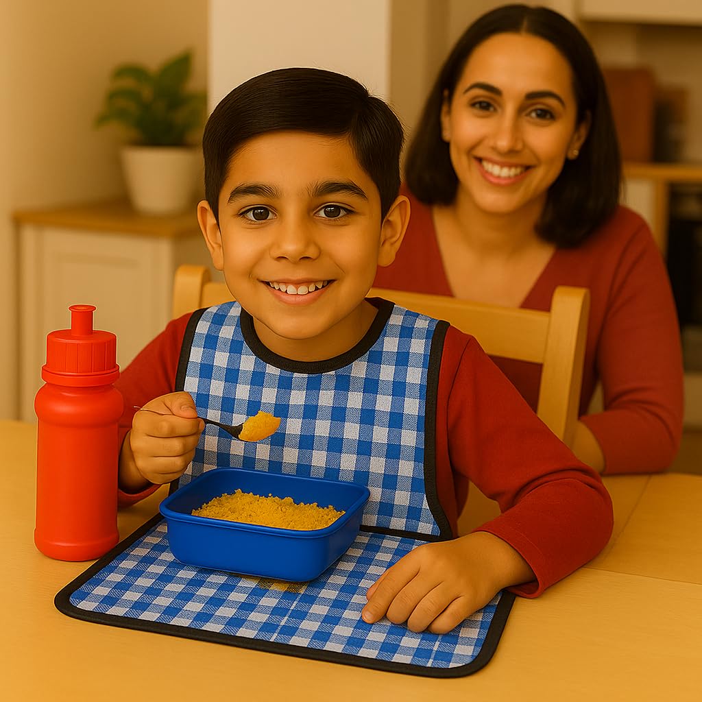 MAKSTILE Waterproof Kids Bib with Food Mat | Lightweight & Foldable | Multi-Purpose Clothing Protector for Boys & Girls (6-12 Years) | School Lunch, Eating, Painting, Craft & Travel(Blue Check) - Image 5 thumbnail