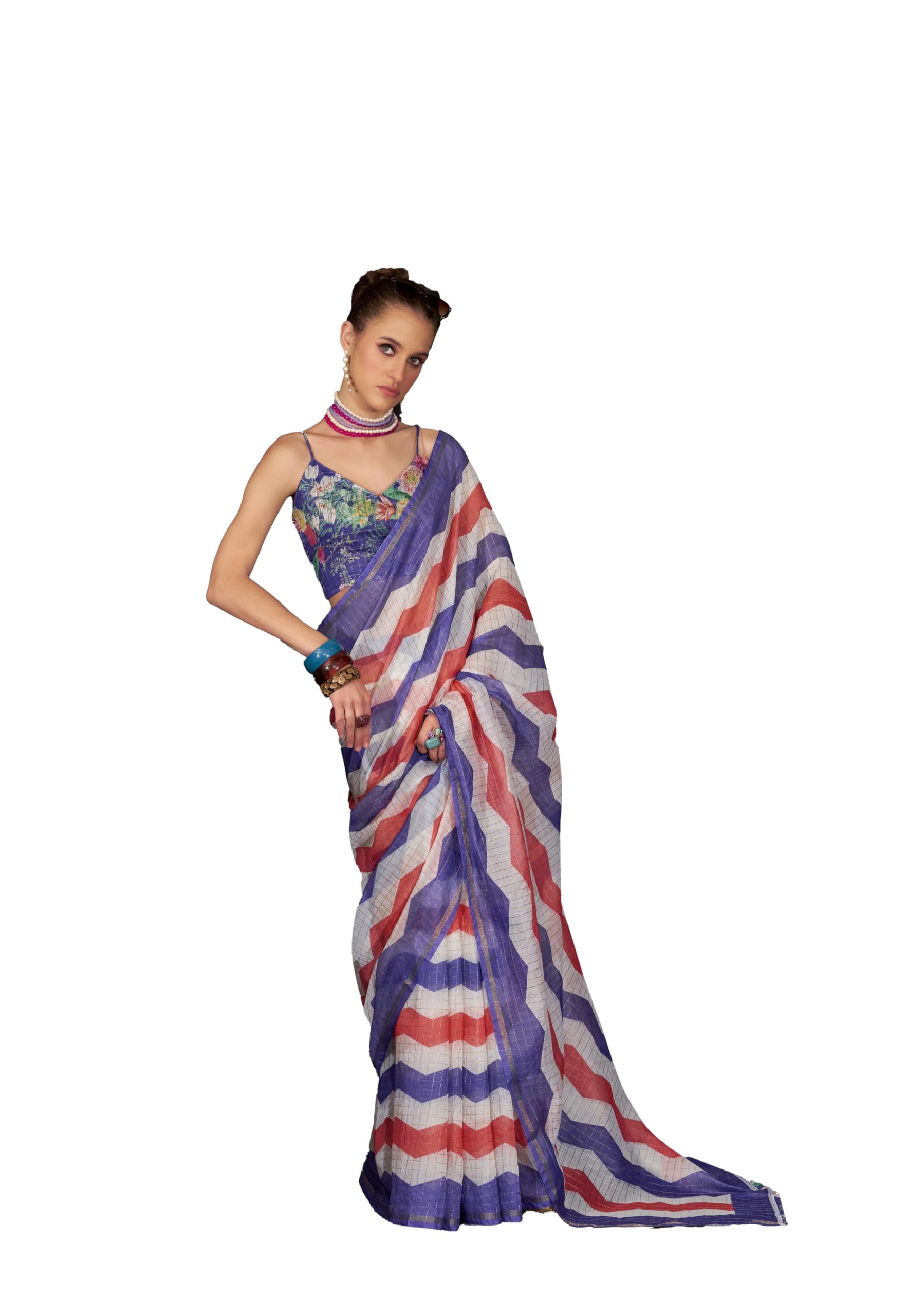 Pujia Mills Women's Blue And Pink Leheriya Printed Zari Border Linen Cotton Chevron Pattern Saree With Floral Printed Unstitched Blouse